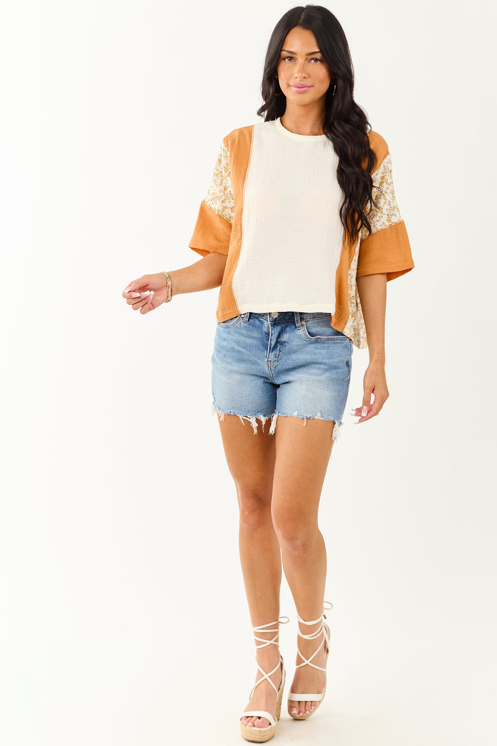Cream Floral Colorblock Relaxed Cotton Gauze Top