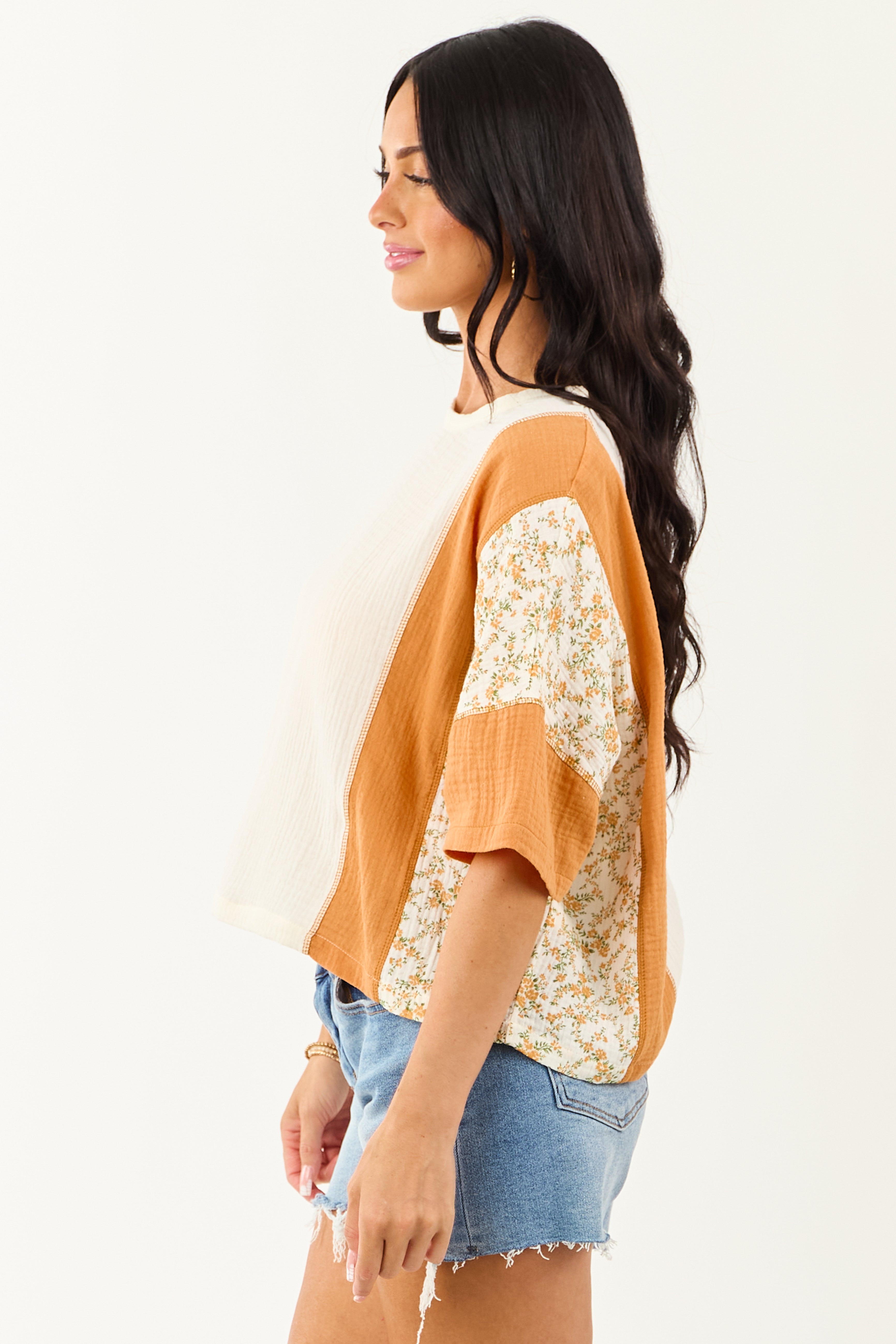 Cream Floral Colorblock Relaxed Cotton Gauze Top