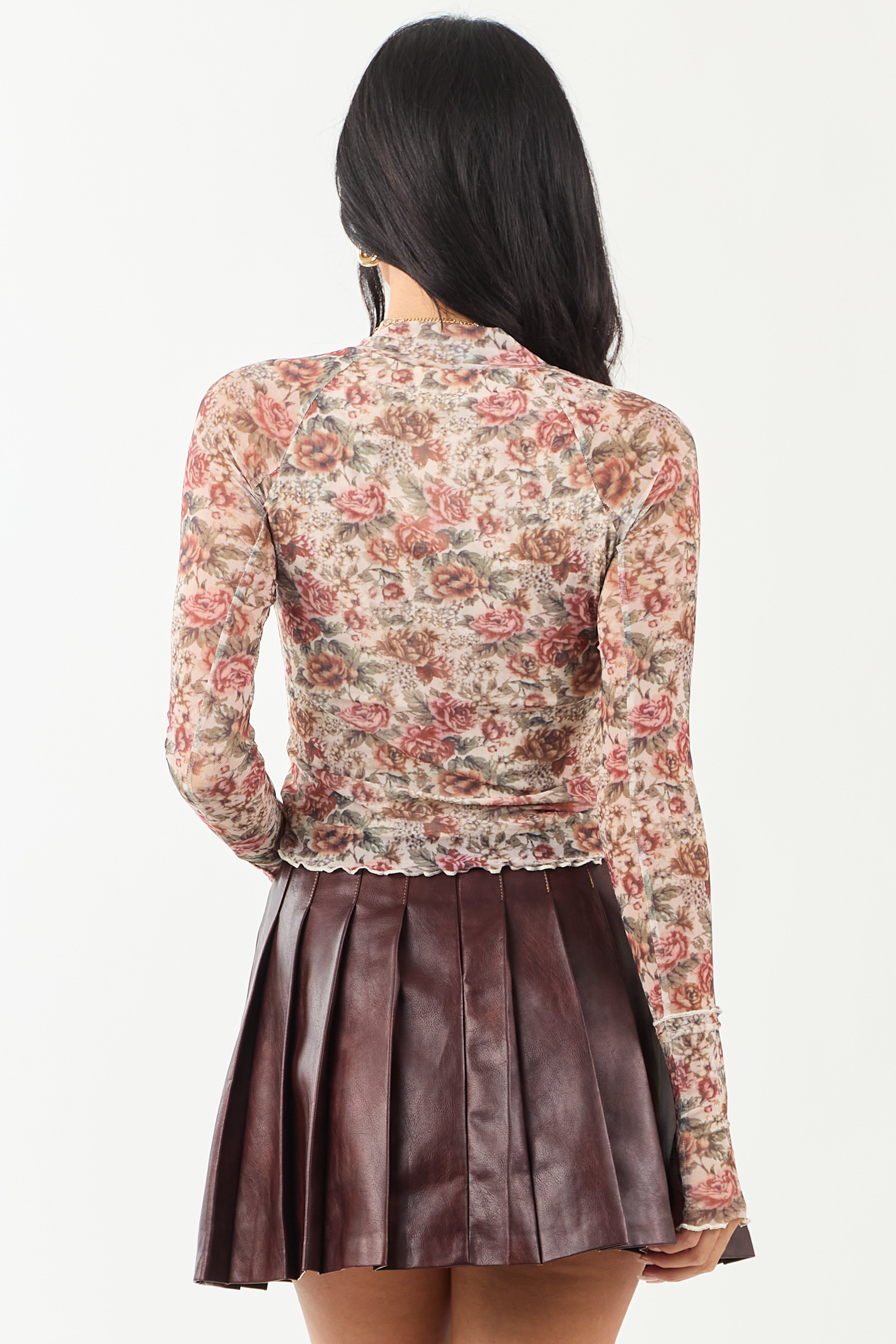 Cream Floral Mesh Long Sleeve Mock Neck Top