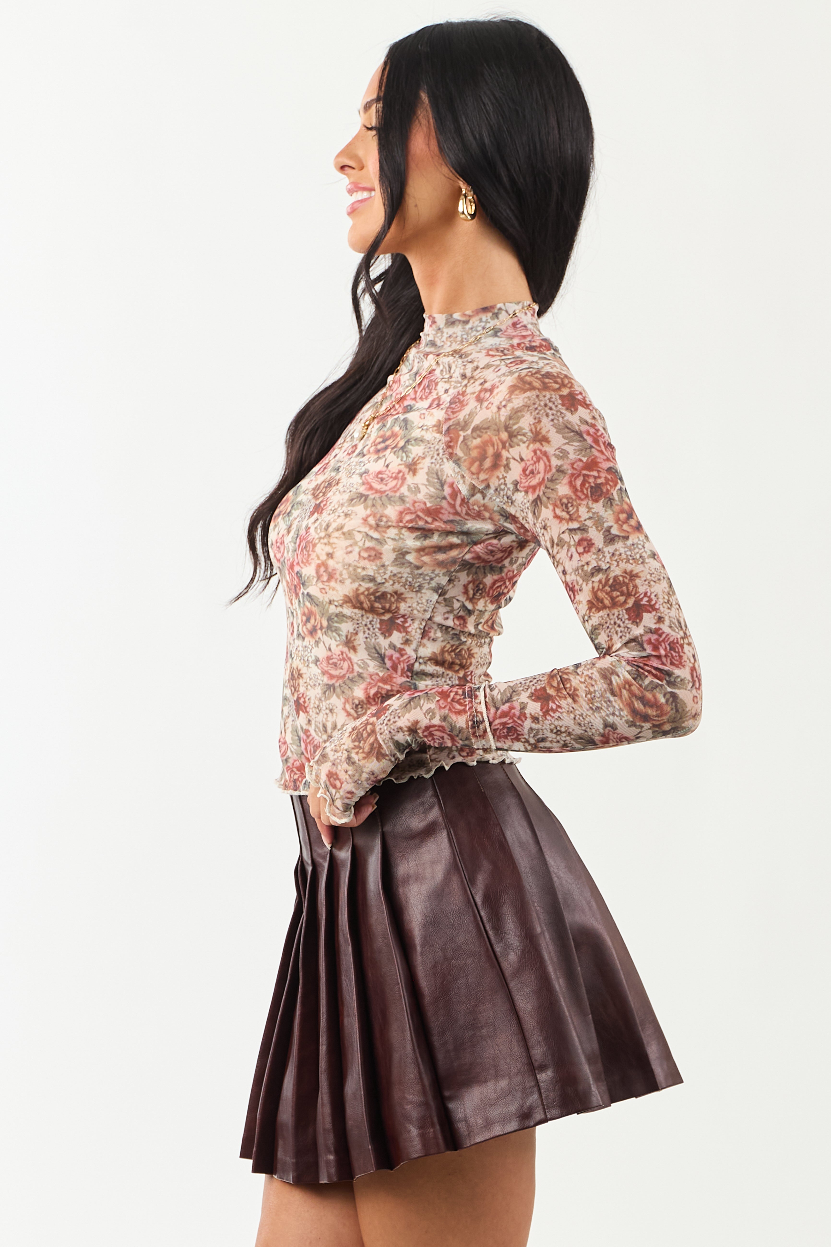 Cream Floral Mesh Long Sleeve Mock Neck Top