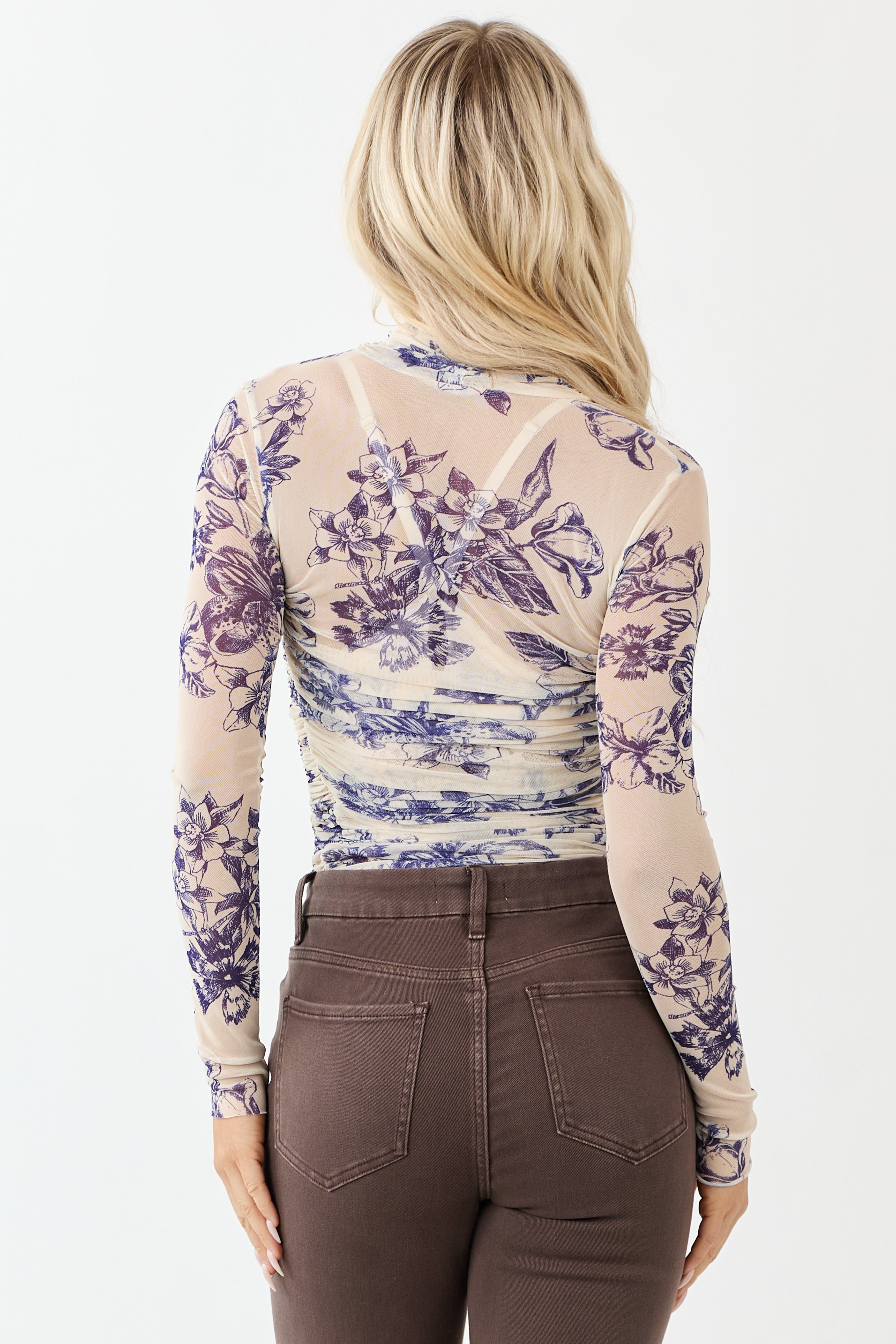 Cream Floral Print Ruched Mesh Bodysuit