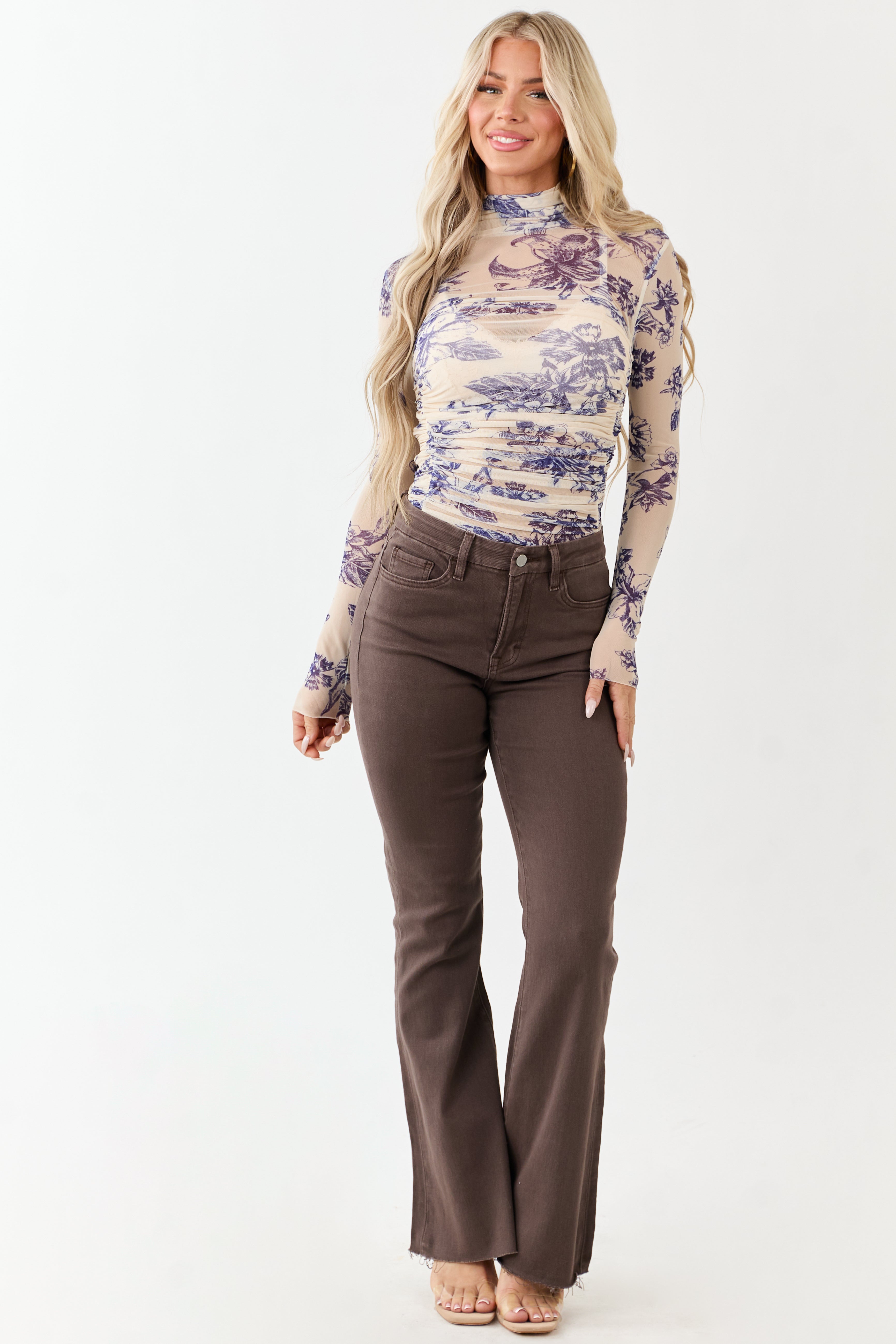 Cream Floral Print Ruched Mesh Bodysuit