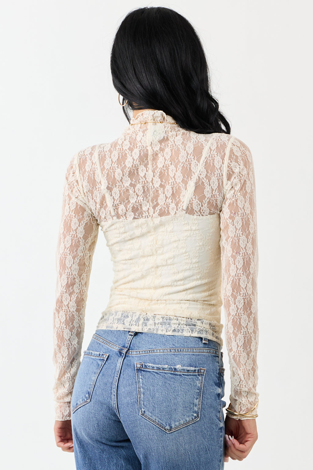 Cream High Neck Long Sleeve Mesh Top