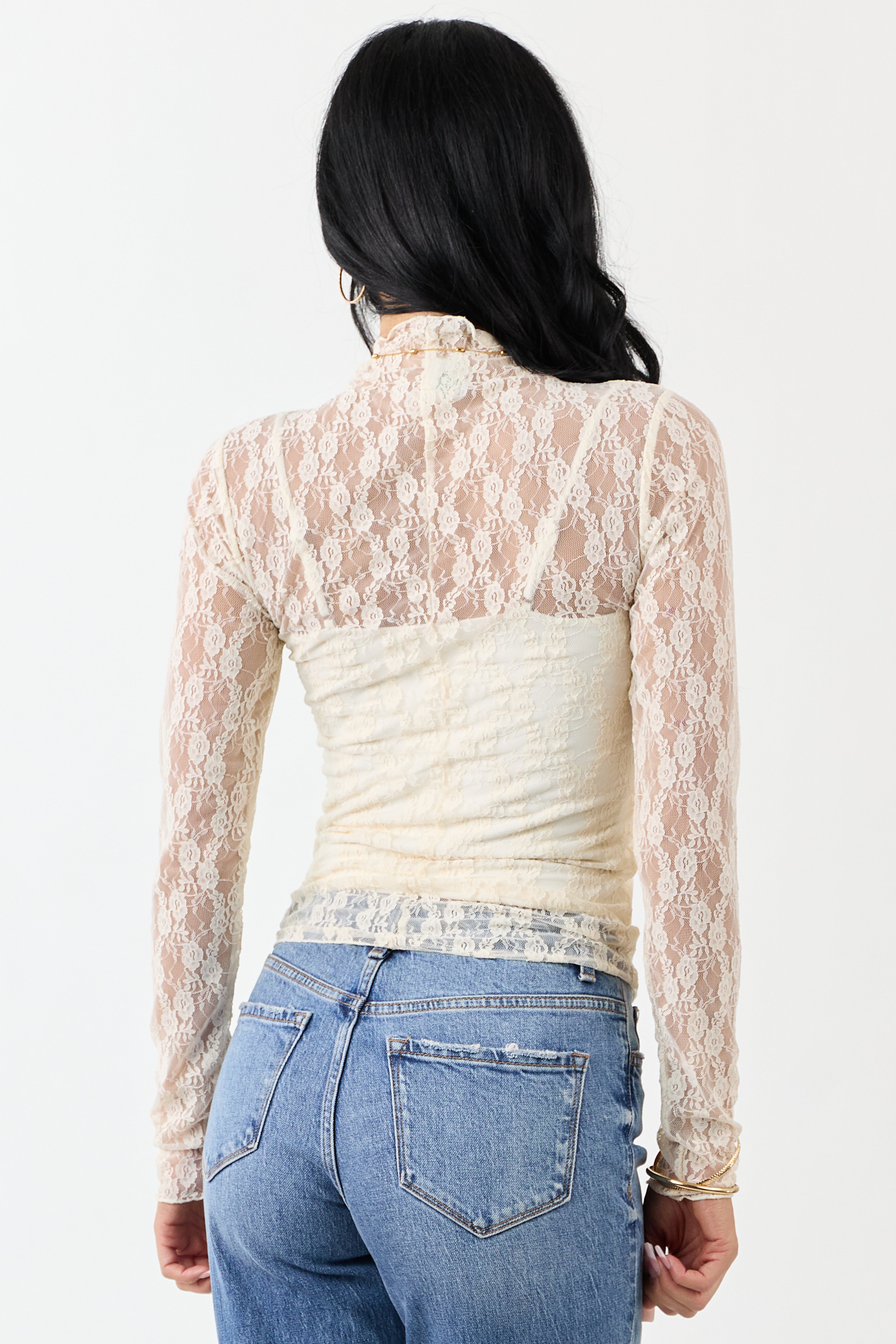Cream High Neck Long Sleeve Mesh Top