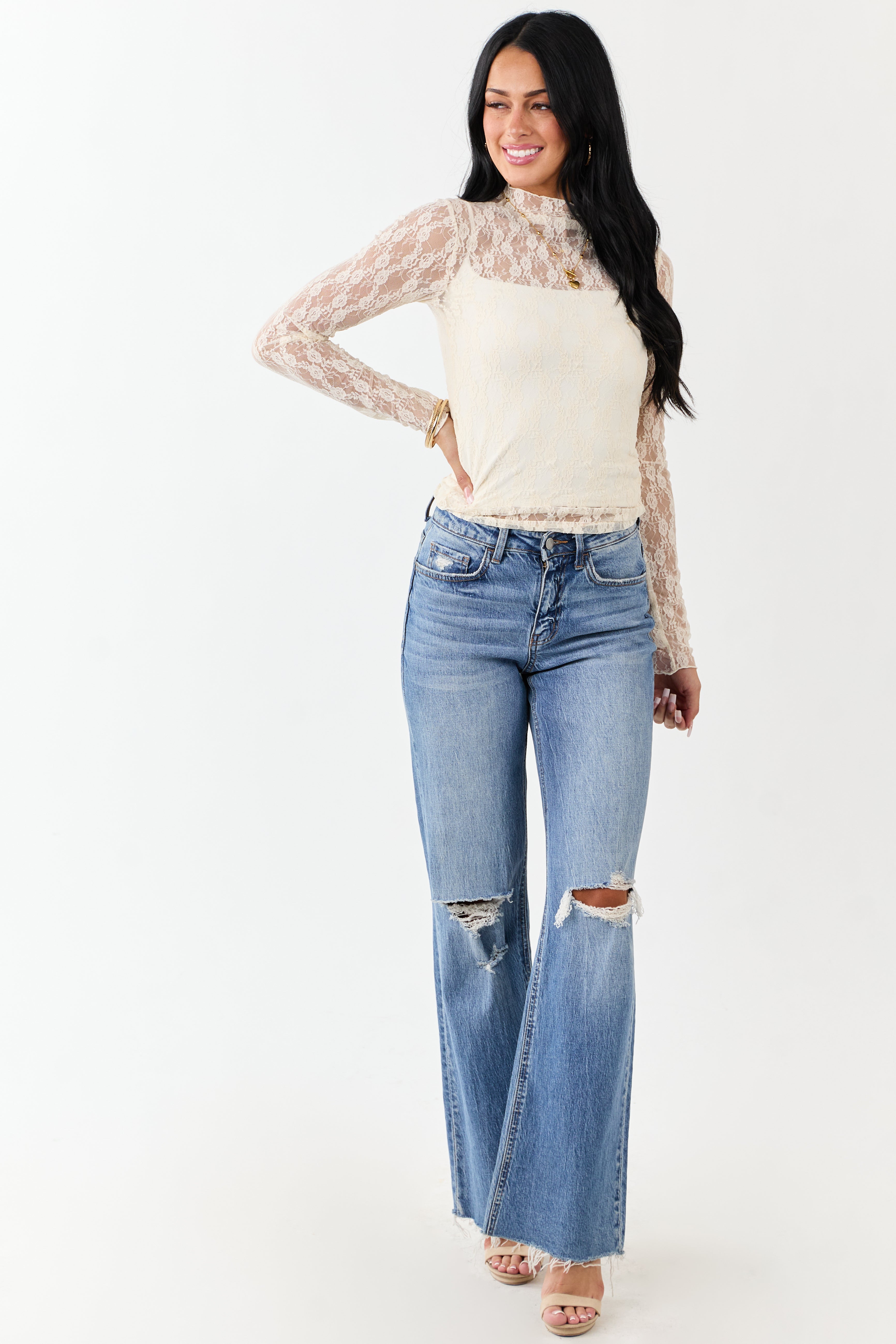 Cream High Neck Long Sleeve Mesh Top