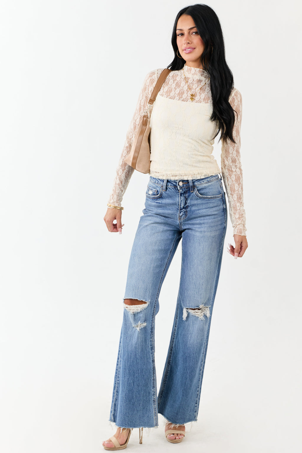 Cream High Neck Long Sleeve Mesh Top