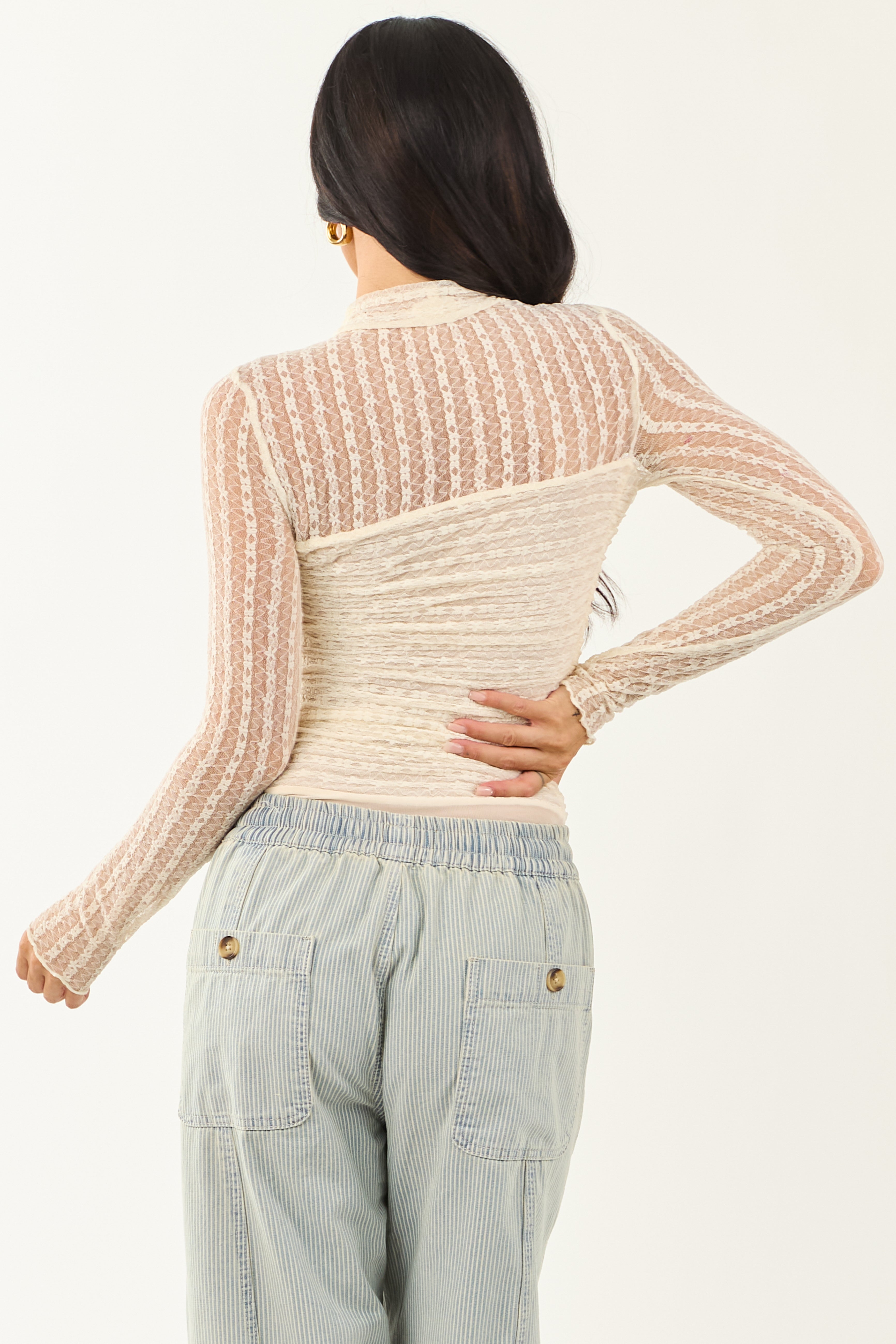 Cream Mesh Lace Ruched Long Sleeve Bodysuit