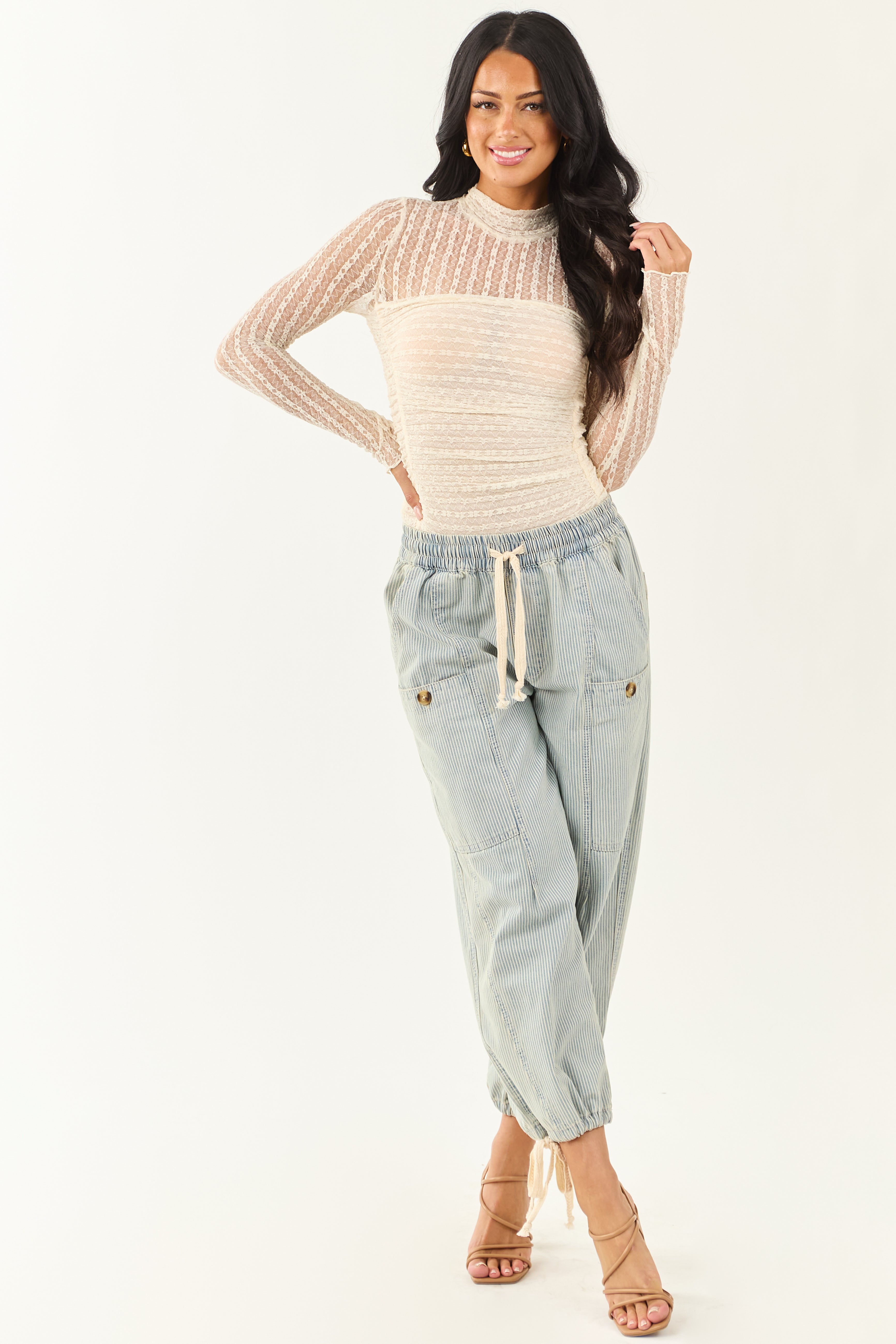 Cream Mesh Lace Ruched Long Sleeve Bodysuit