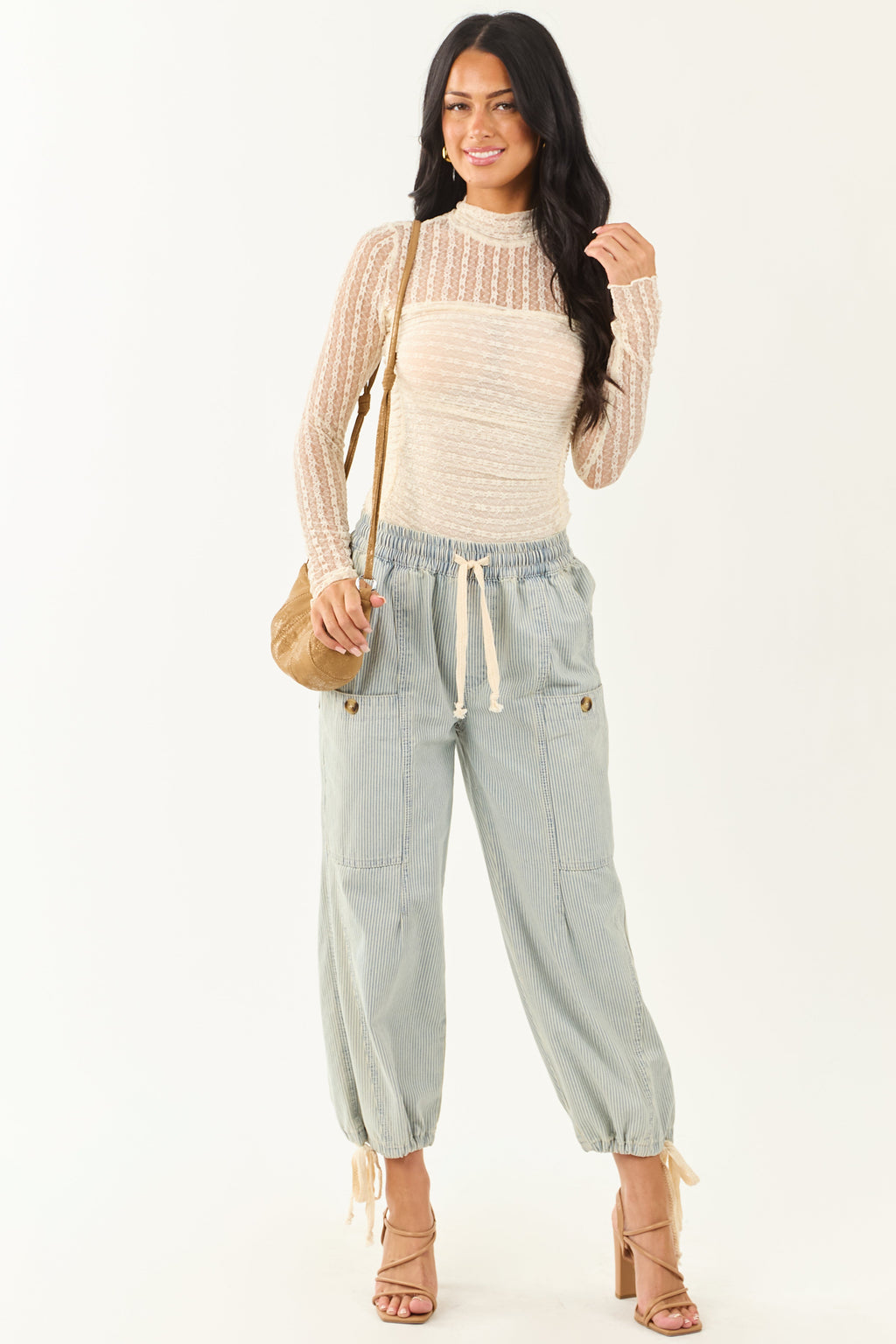 Cream Mesh Lace Ruched Long Sleeve Bodysuit