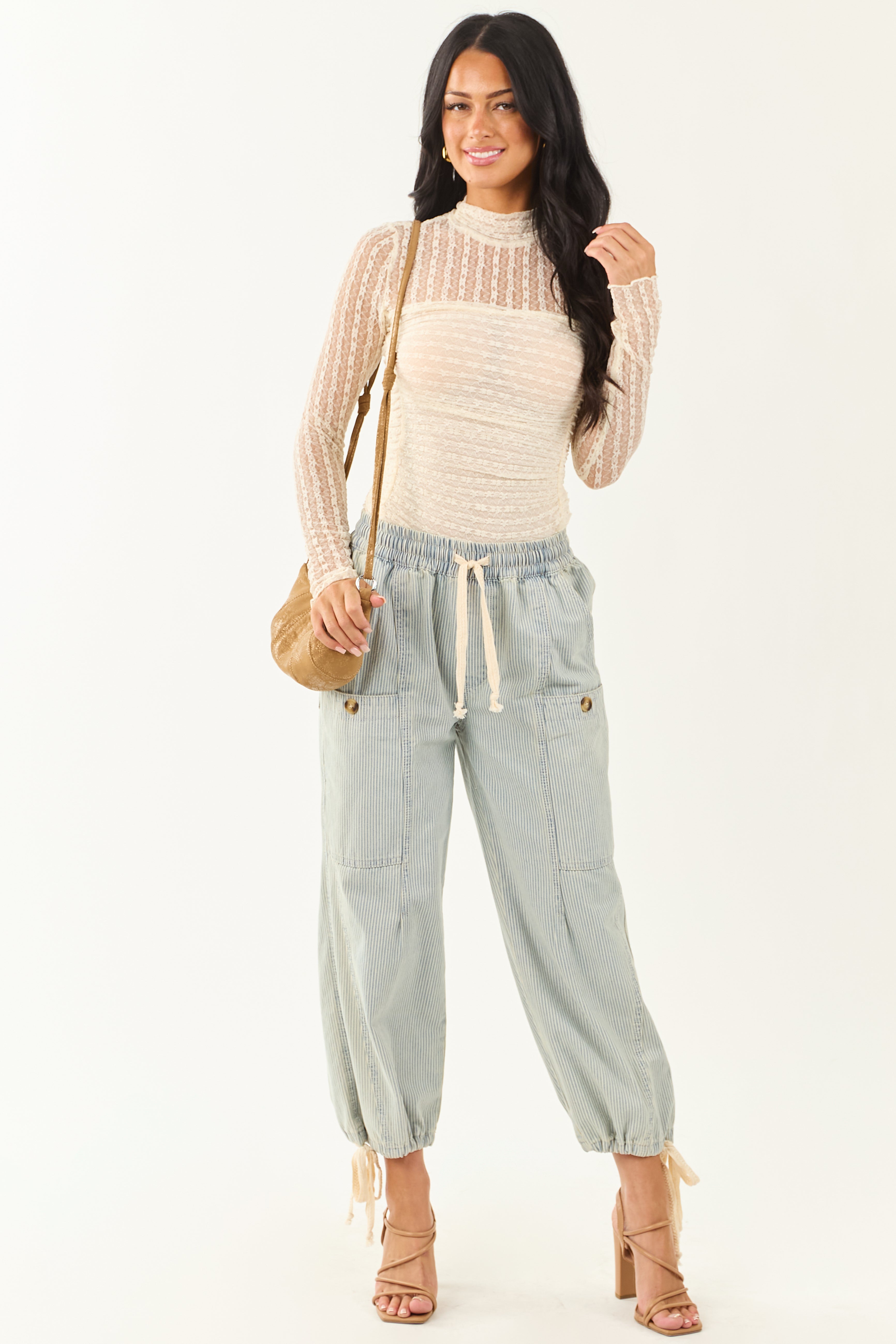 Cream Mesh Lace Ruched Long Sleeve Bodysuit