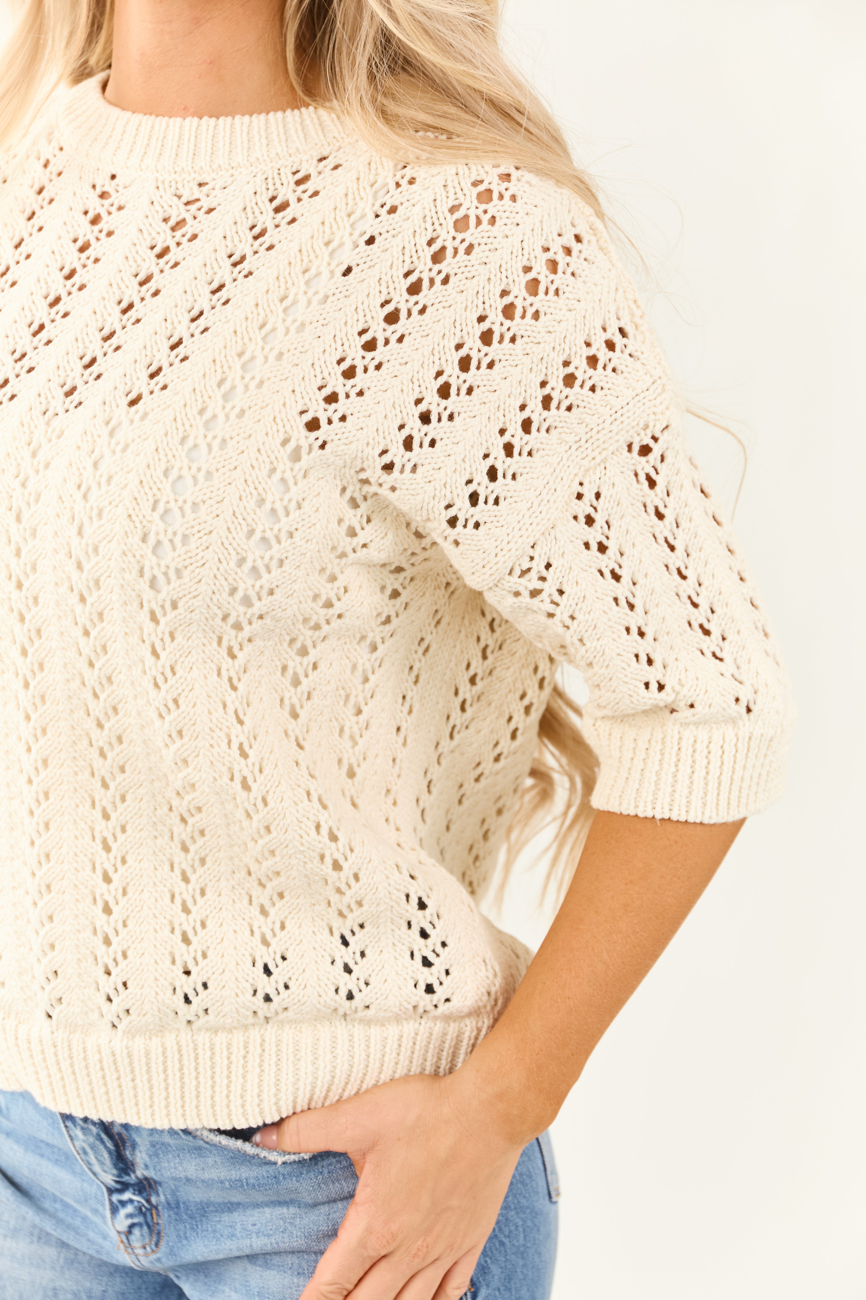 Cream Open Crochet Knit Half Sleeve Sweater Top