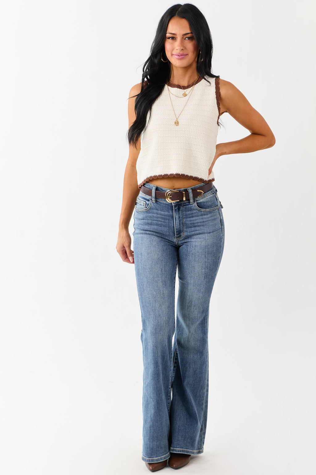 Cream Scalloped Contrast Trim Cotton Knit Tank Top