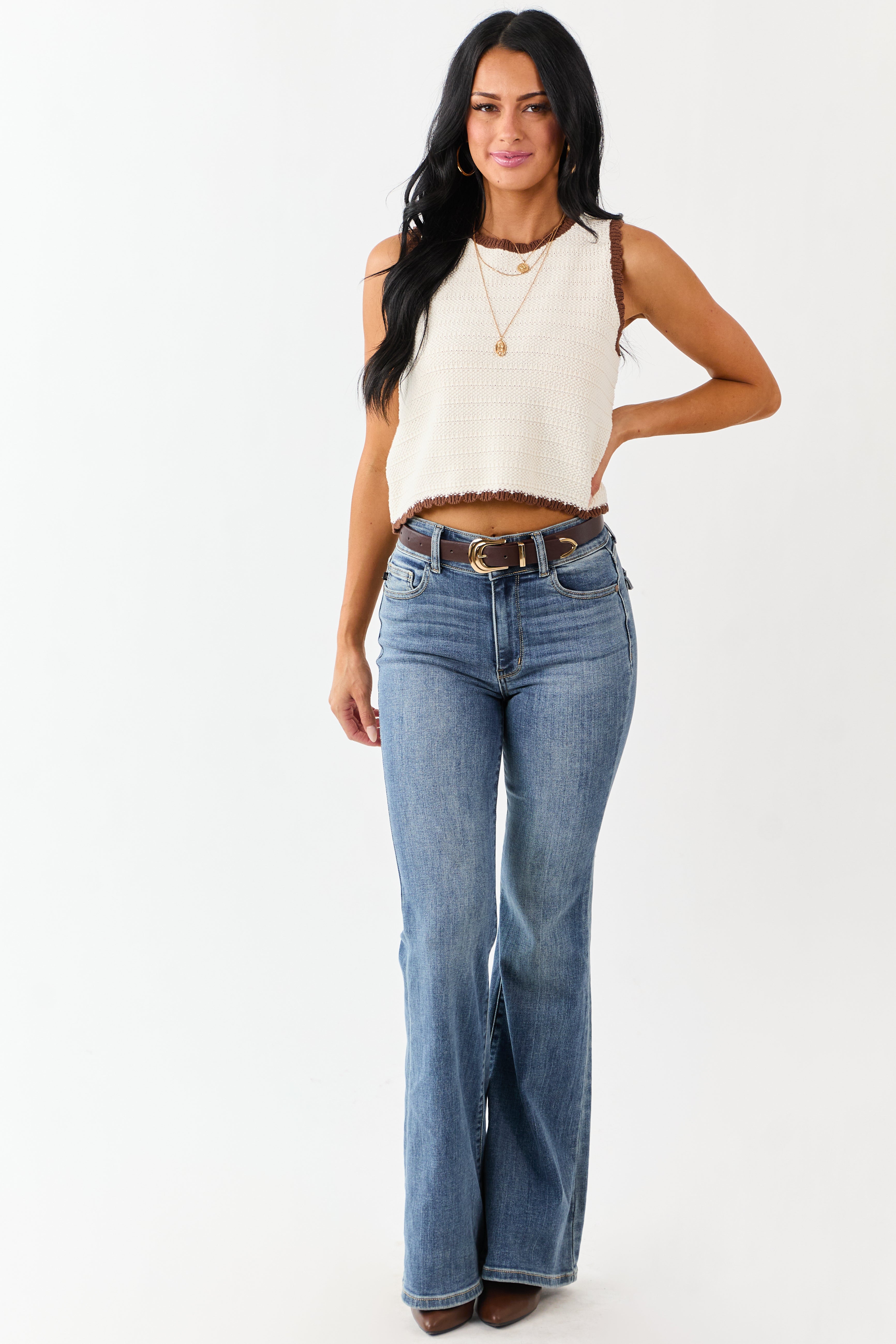 Cream Scalloped Contrast Trim Cotton Knit Tank Top