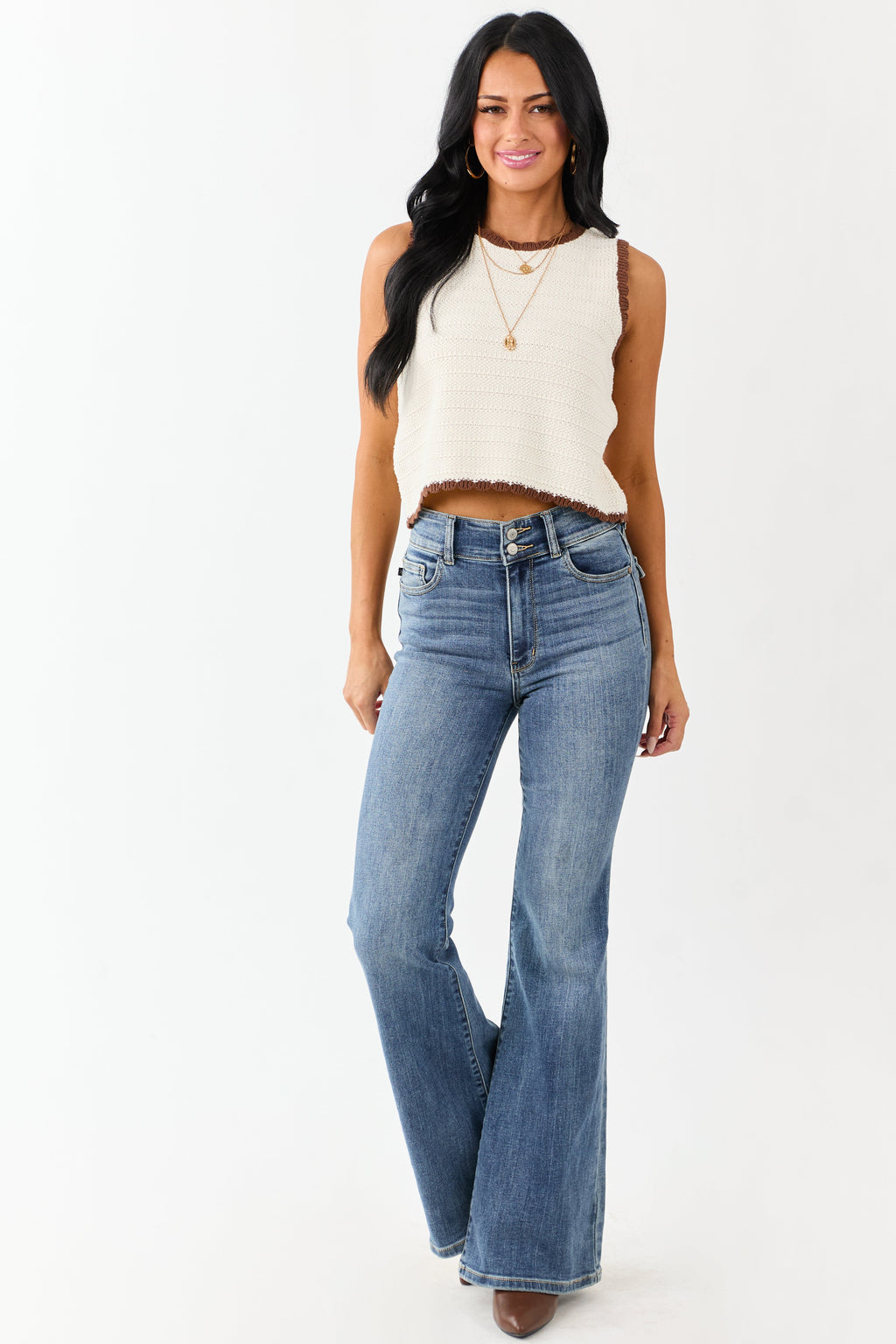 Cream Scalloped Contrast Trim Cotton Knit Tank Top