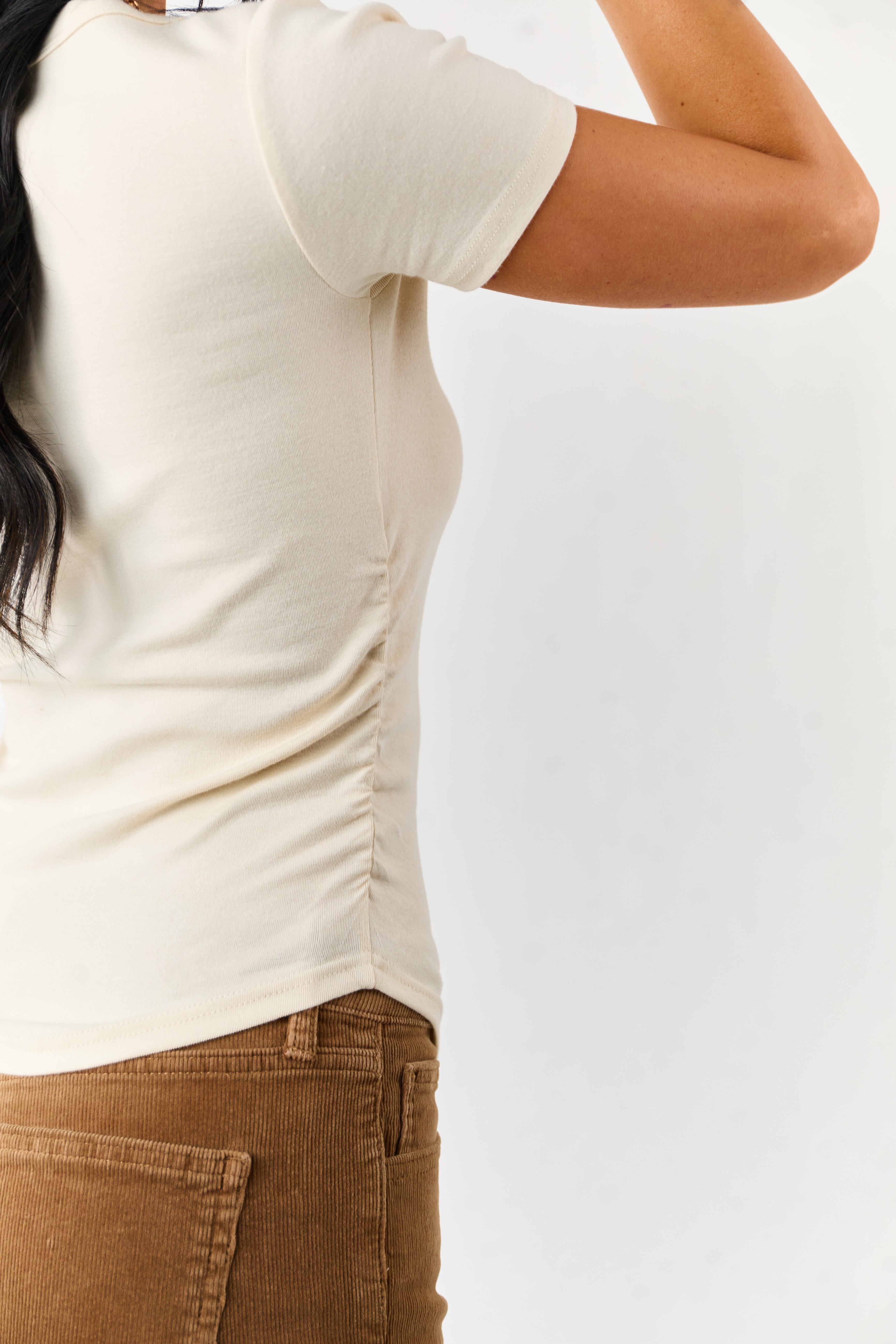 Cream Scoop Neck Ruched Sides Fitted Knit Top