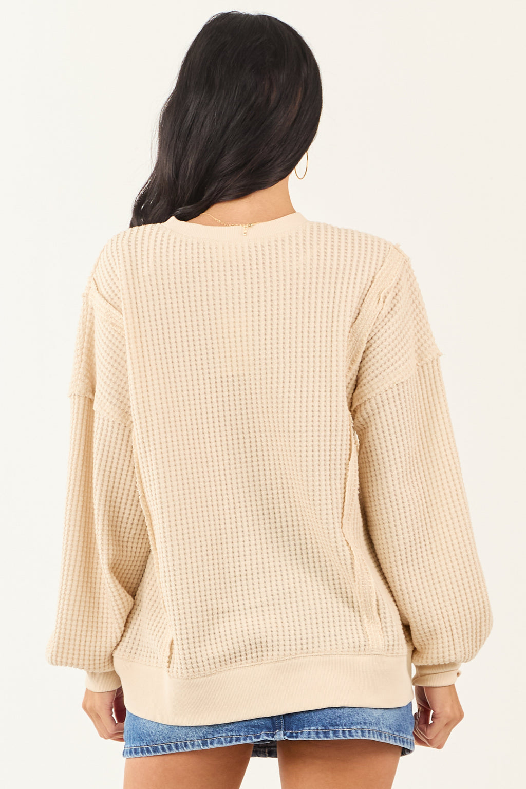Cream Waffle Knit Relaxed Long Sleeve Top