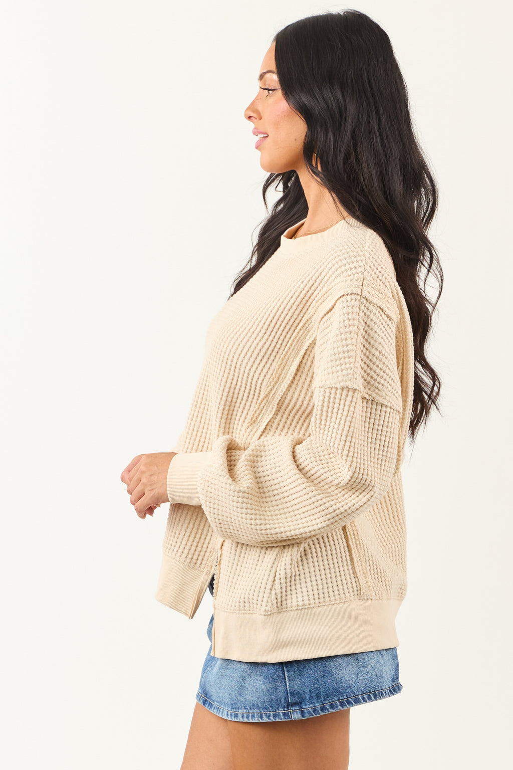 Cream Waffle Knit Relaxed Long Sleeve Top