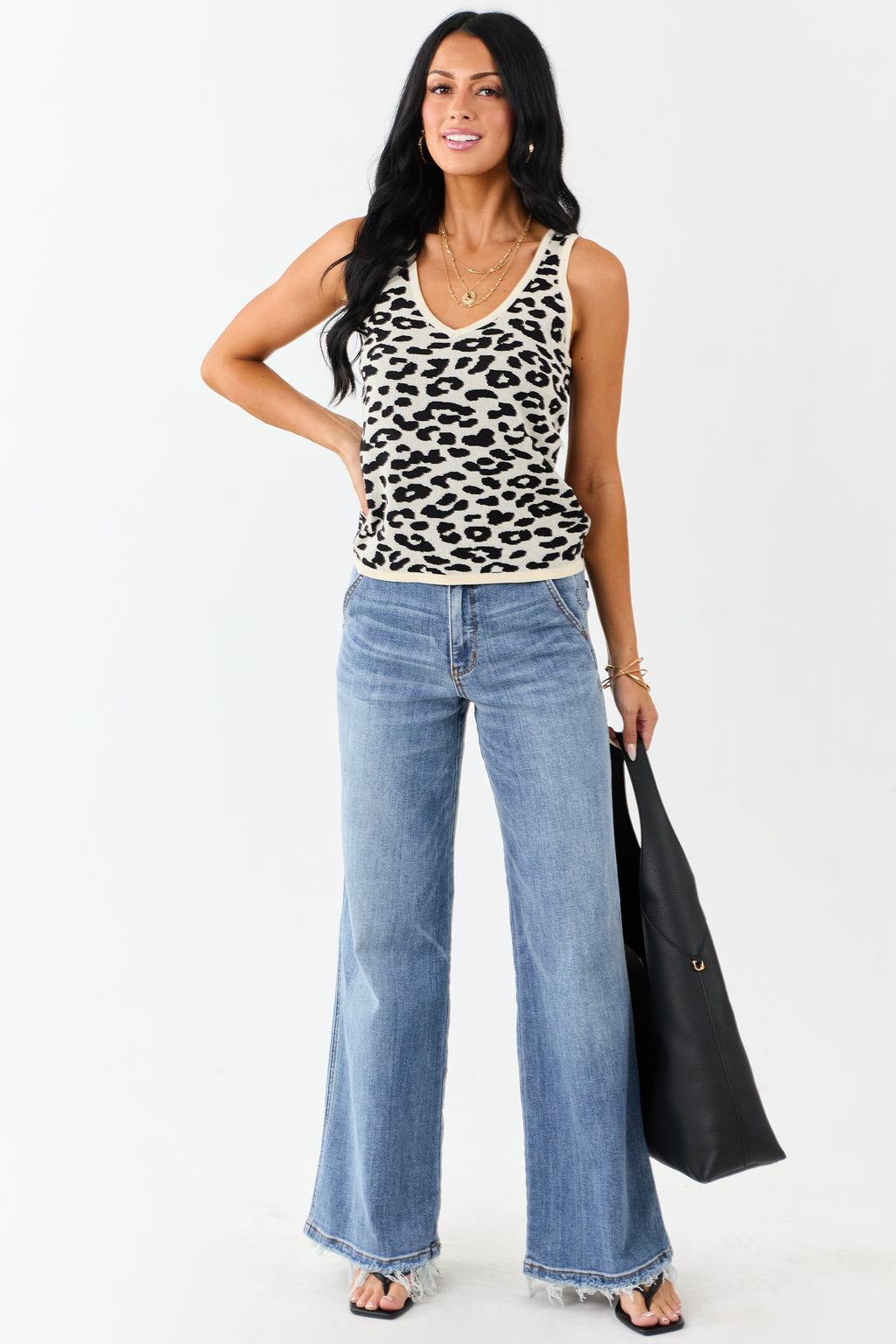 Cream and Black Leopard Print Knit Tank Top