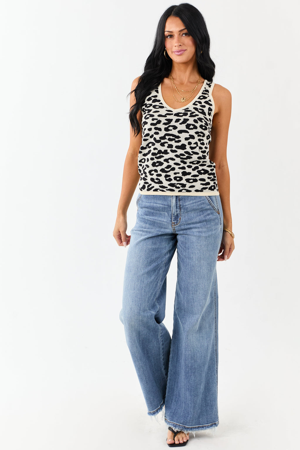 Cream and Black Leopard Print Knit Tank Top