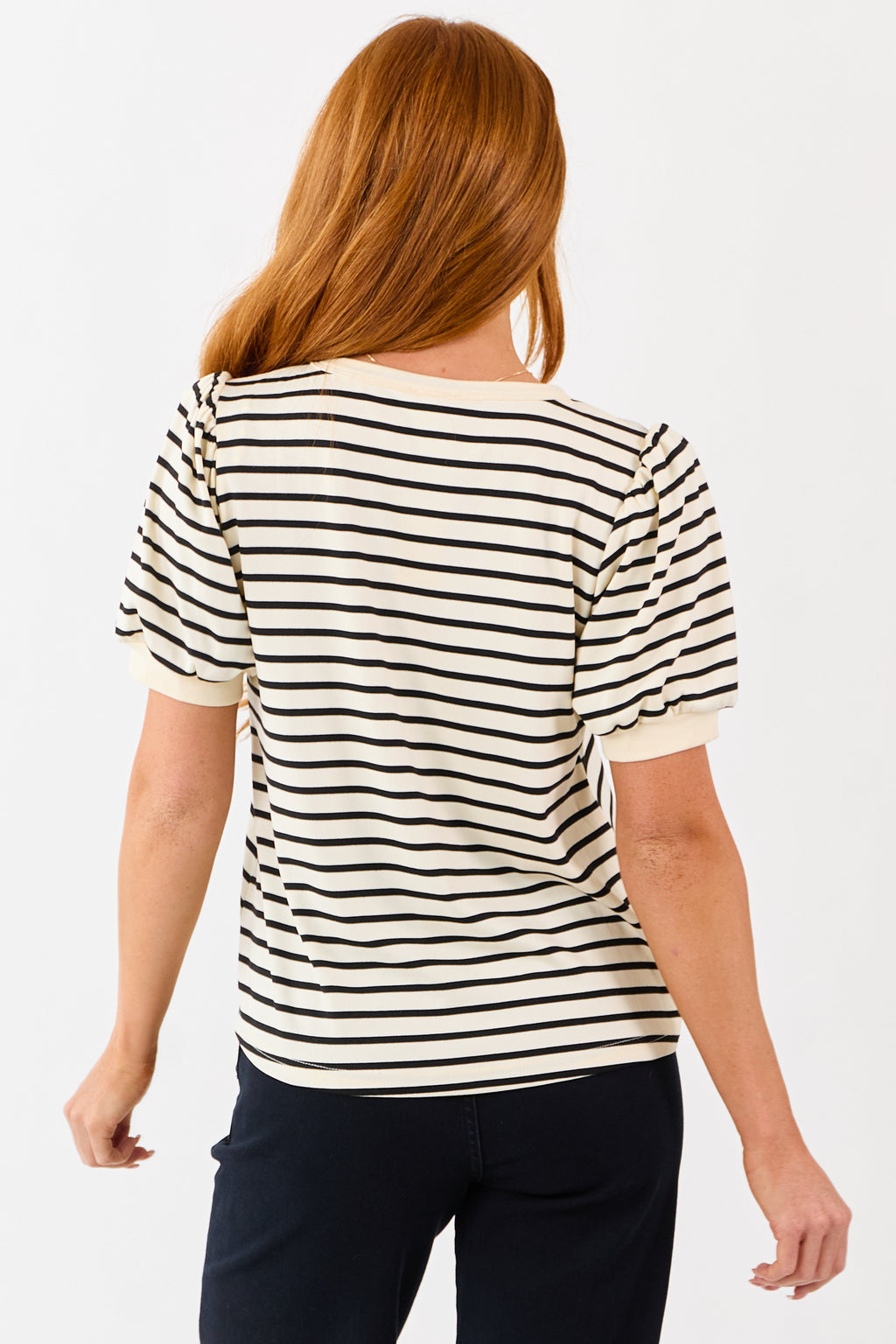 Cream and Black Striped Puffed Short Sleeve Top