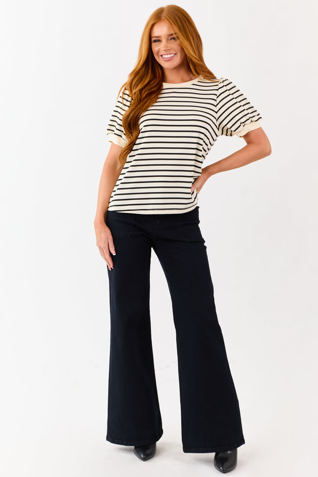 Cream and Black Striped Puffed Short Sleeve Top