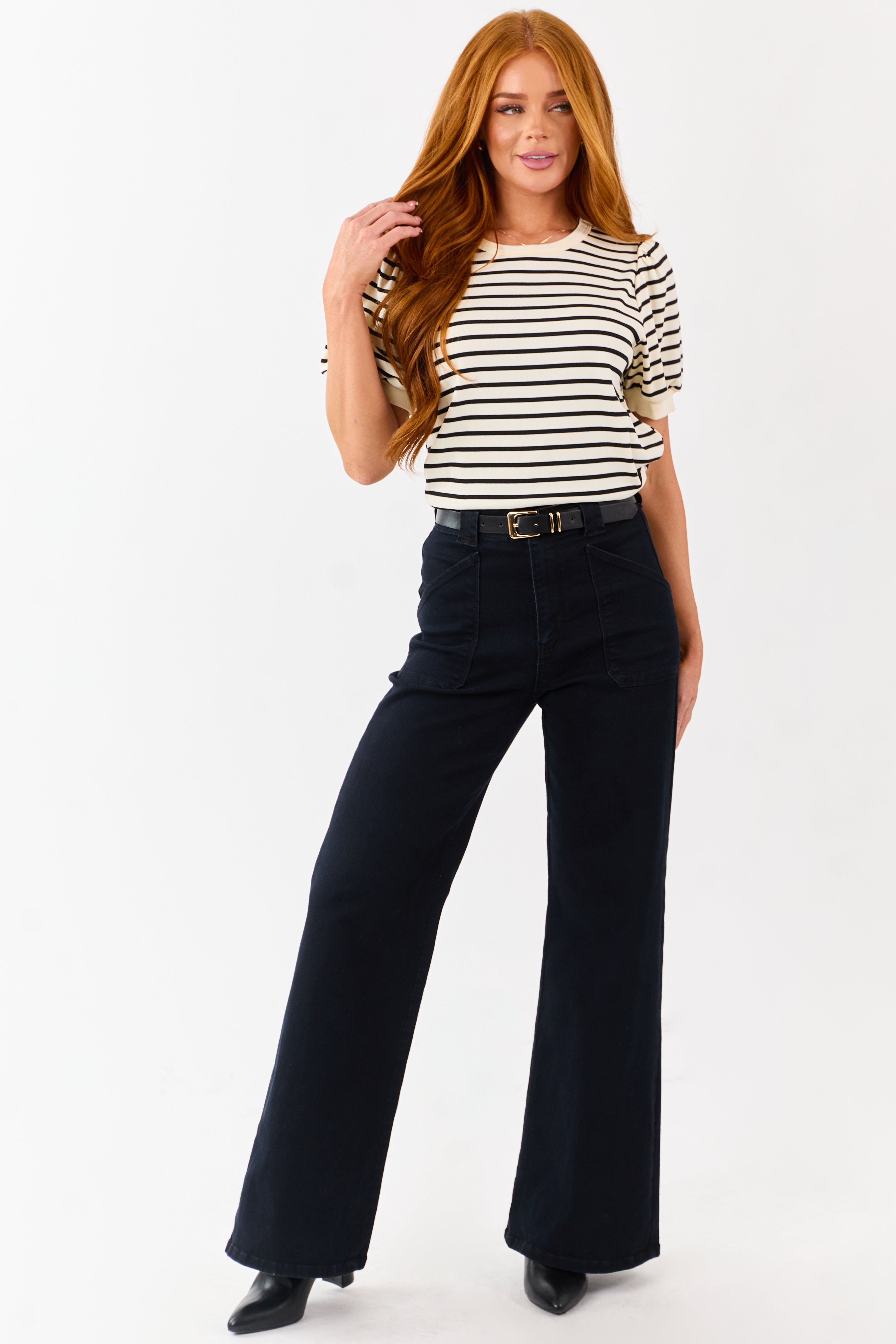 Cream and Black Striped Puffed Short Sleeve Top