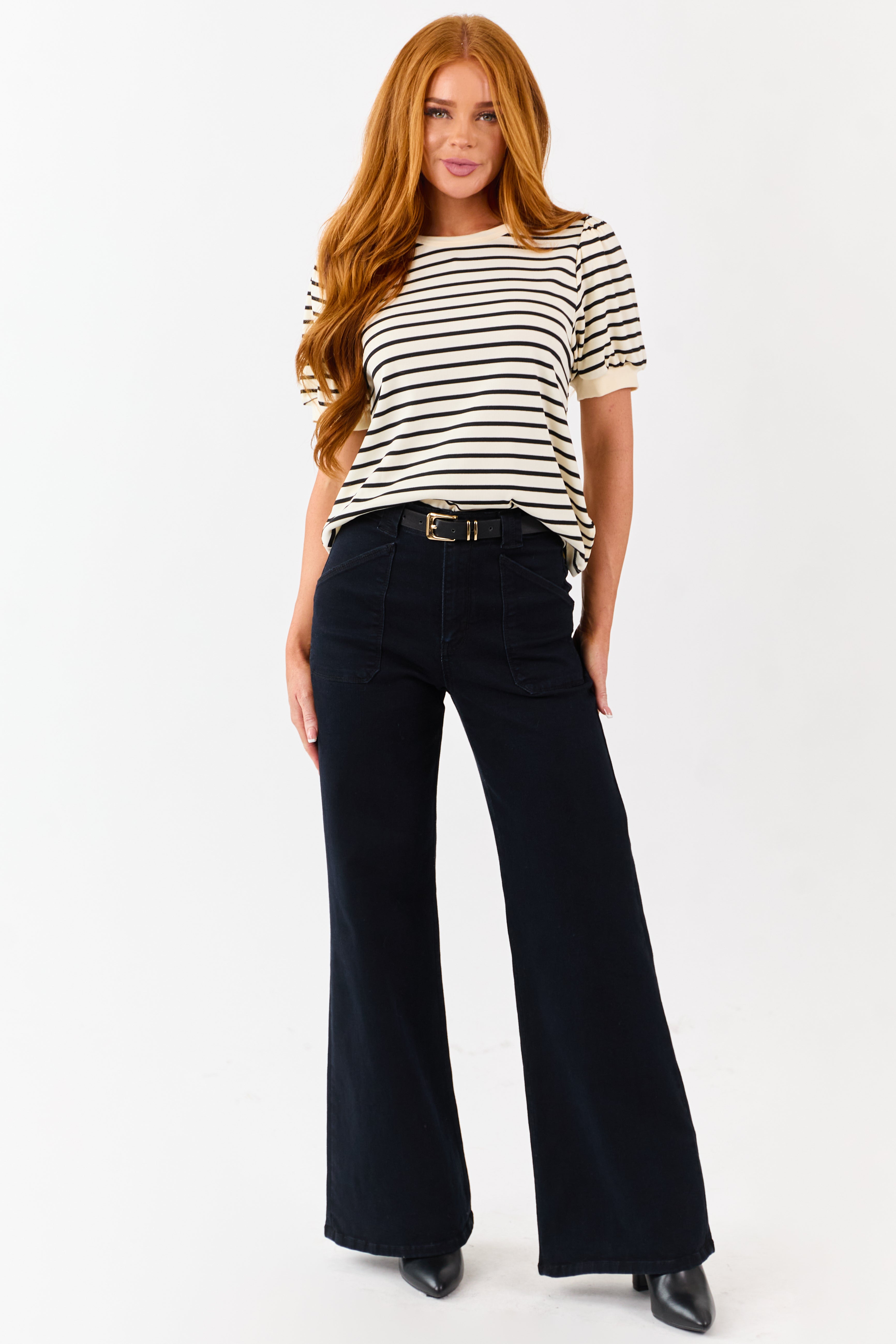 Cream and Black Striped Puffed Short Sleeve Top