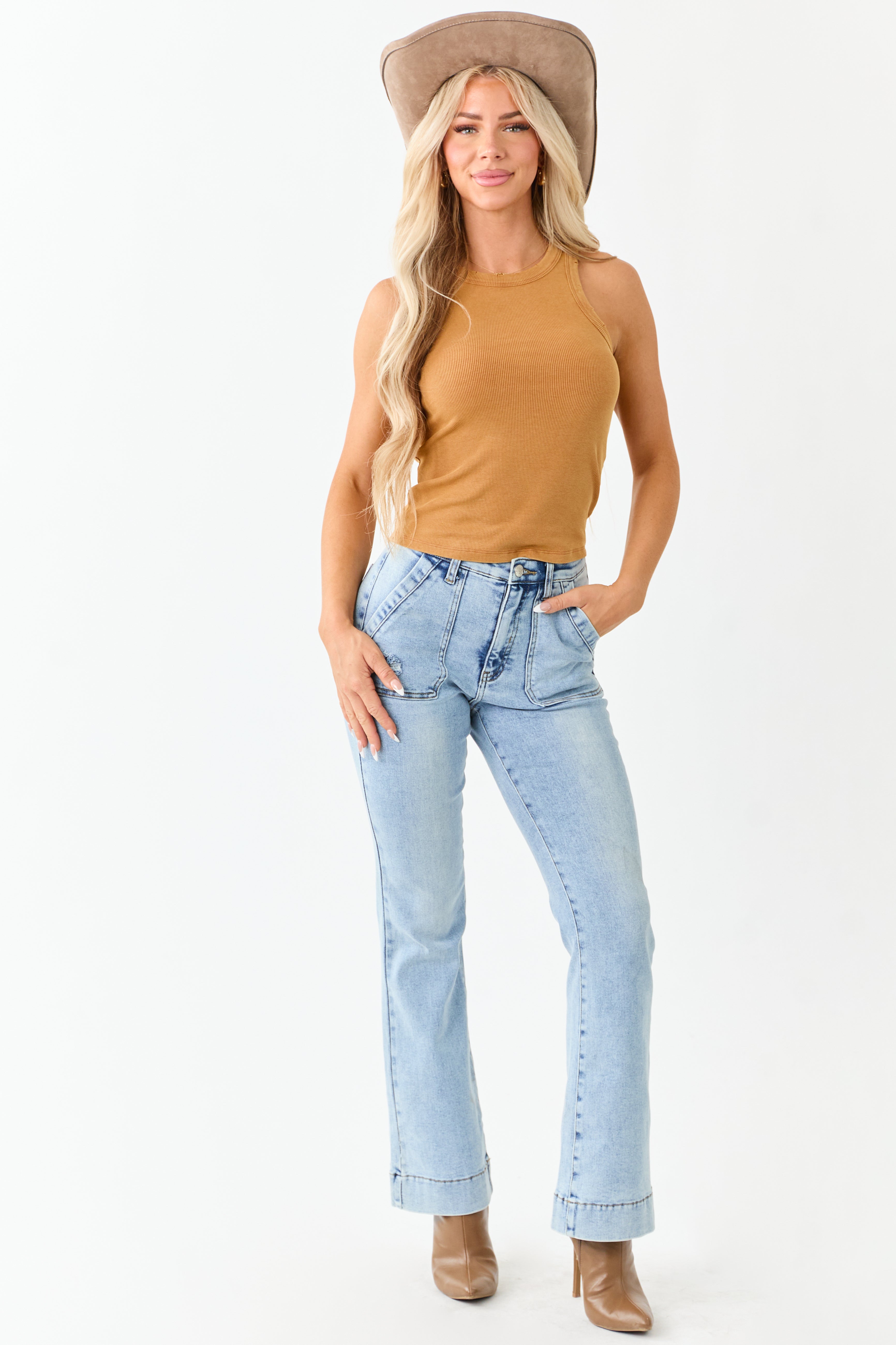 Dark Mango Distressed Trim Knit Tank Top