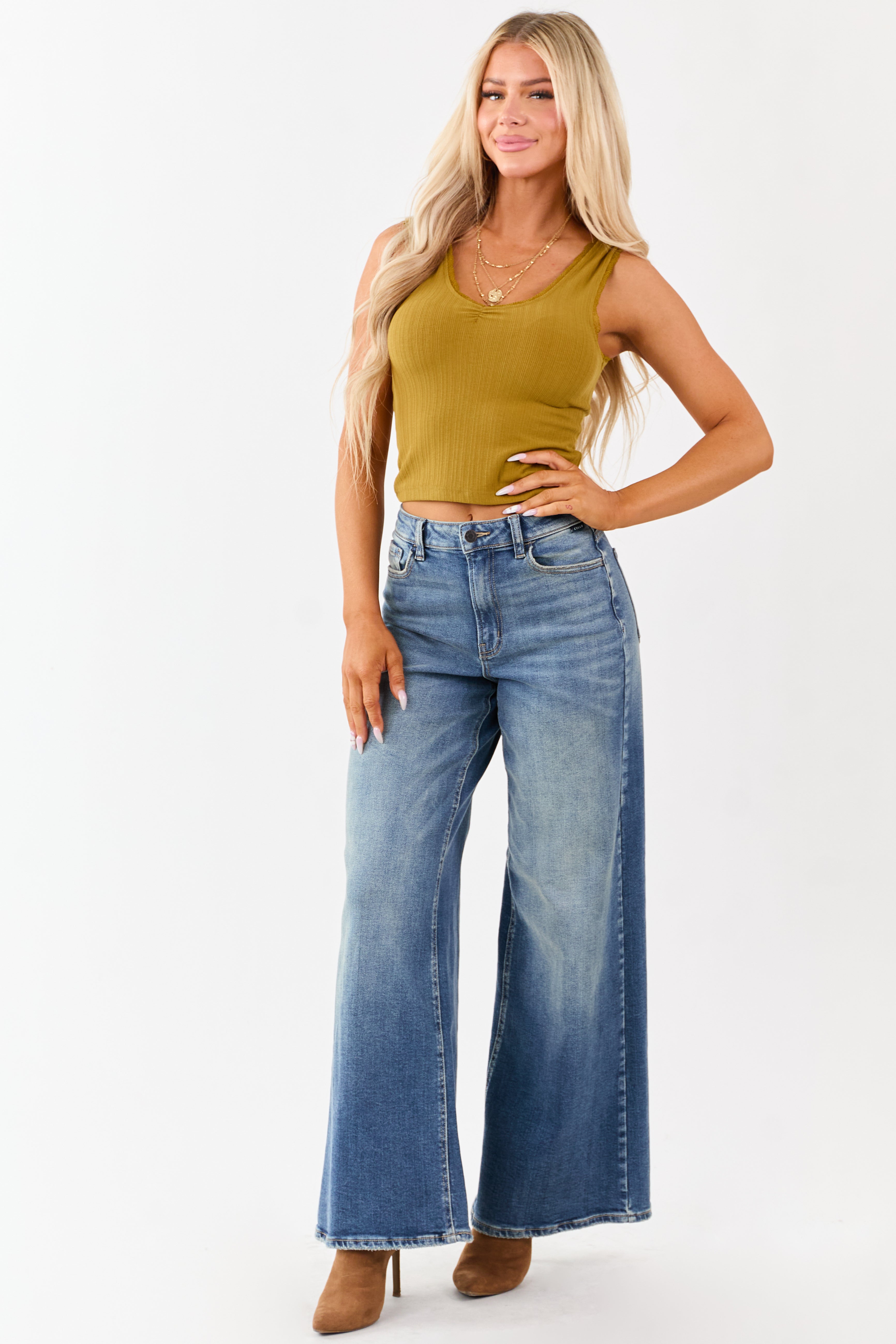 Dark Mustard Lace Trim Cropped Rib Knit Tank Top