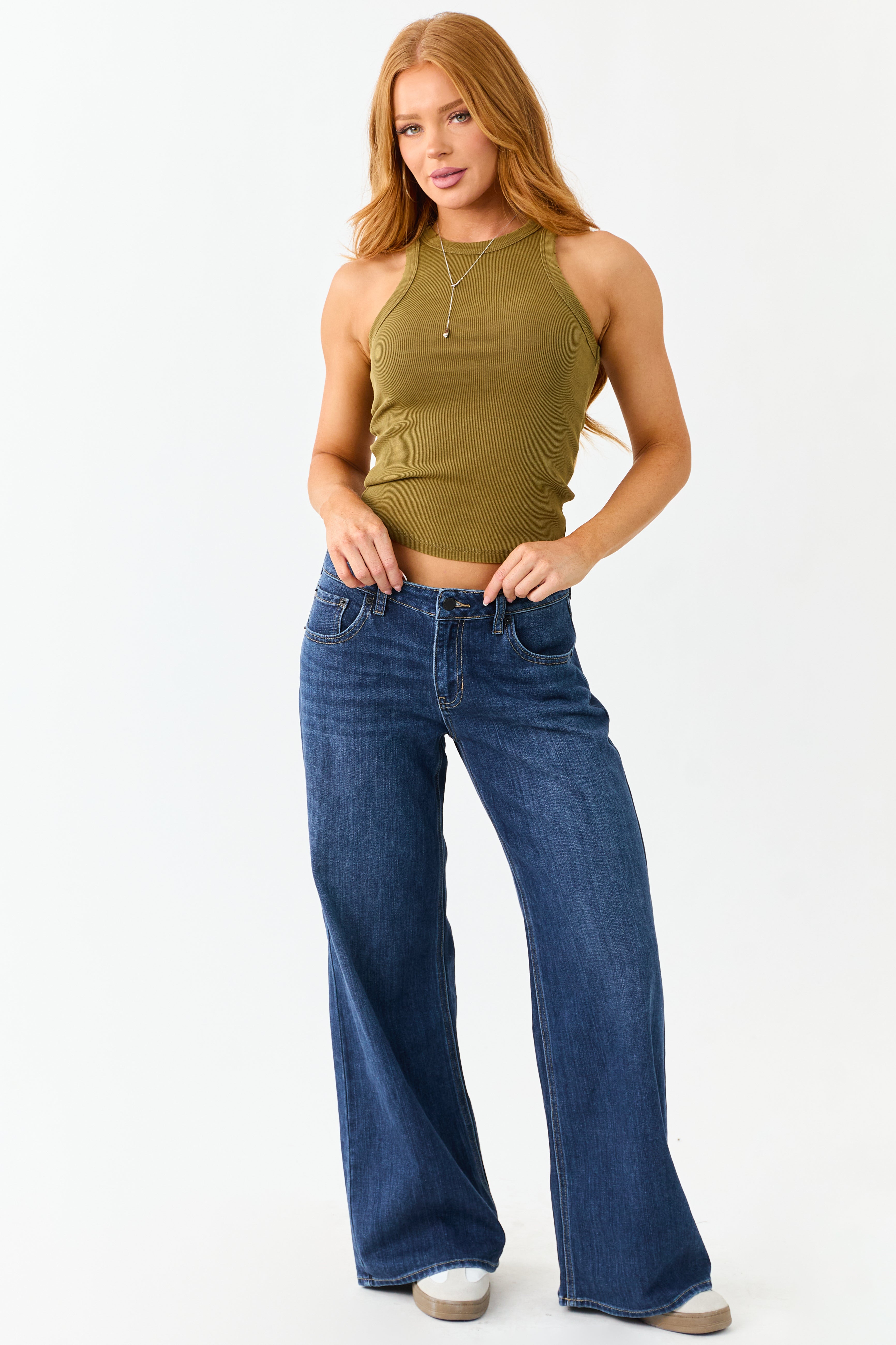 Dark Olive Distressed Trim Knit Tank Top