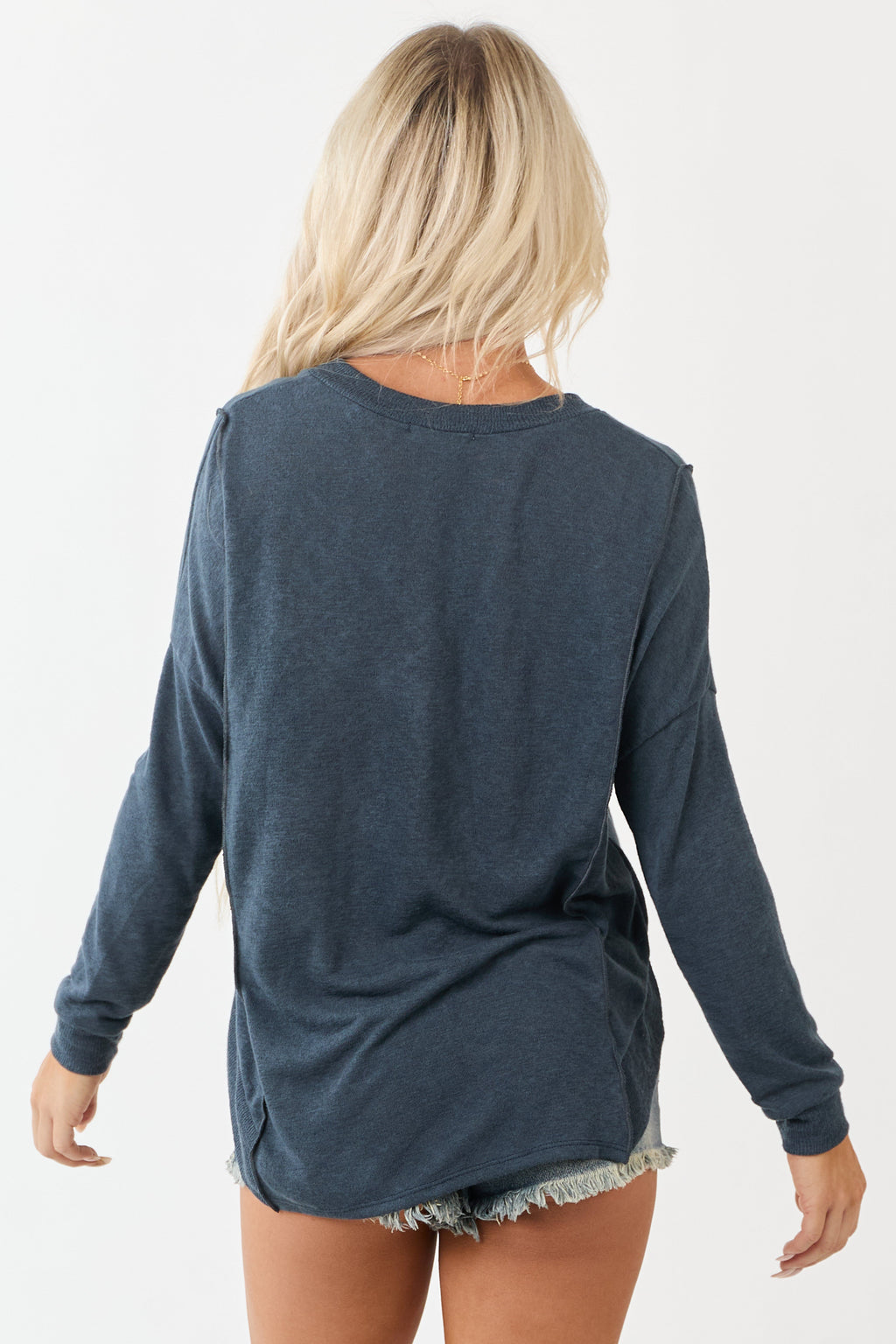 Dark Sea Blue V Neck Long Sleeve Soft Knit Top