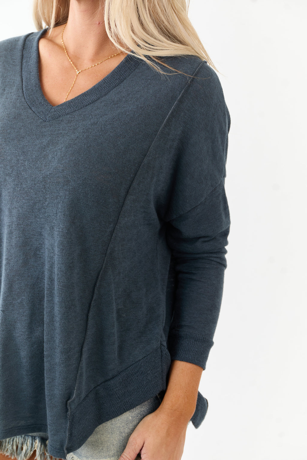 Dark Sea Blue V Neck Long Sleeve Soft Knit Top