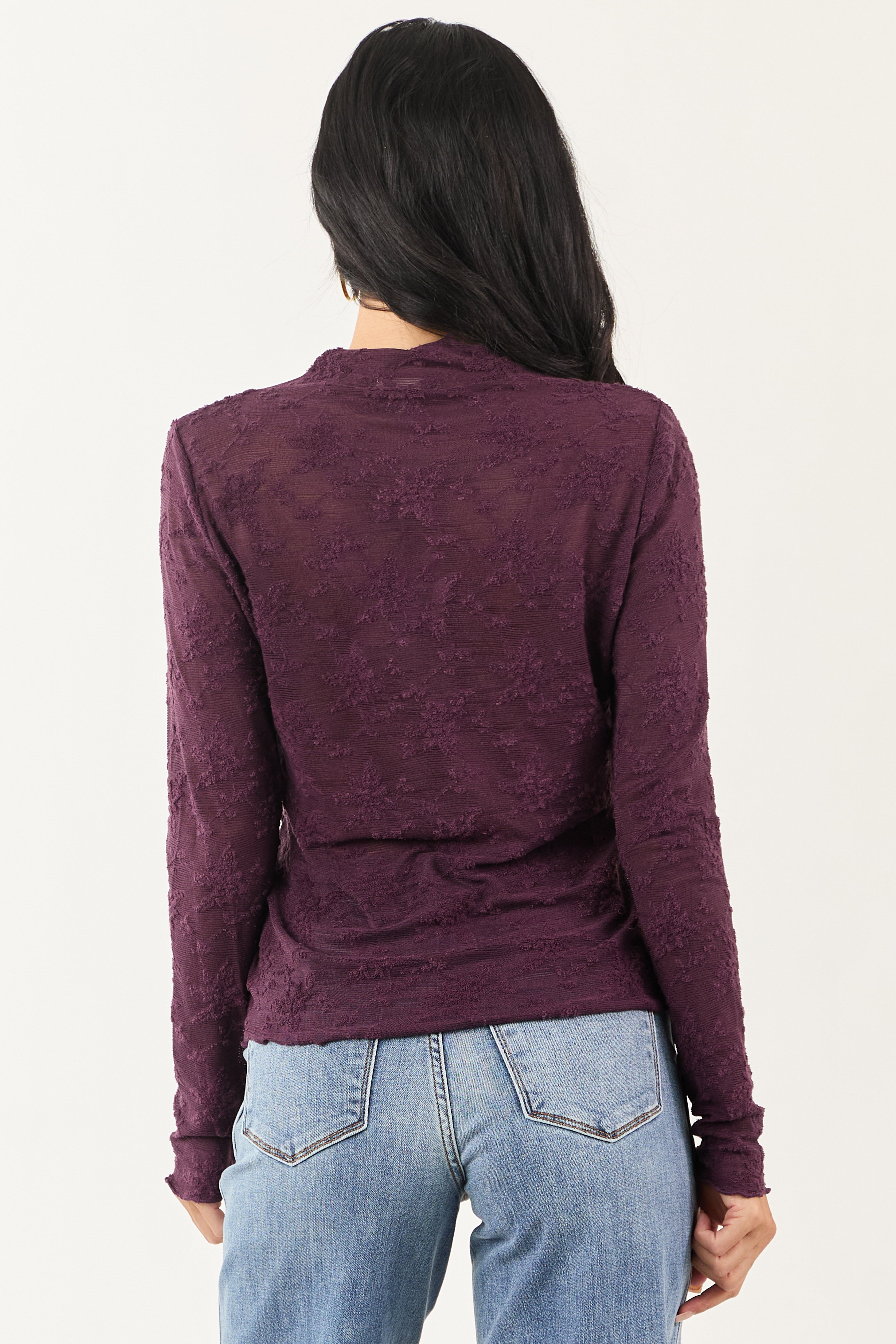 Deep Plum Floral Lace Mock Neck Long Sleeve Top