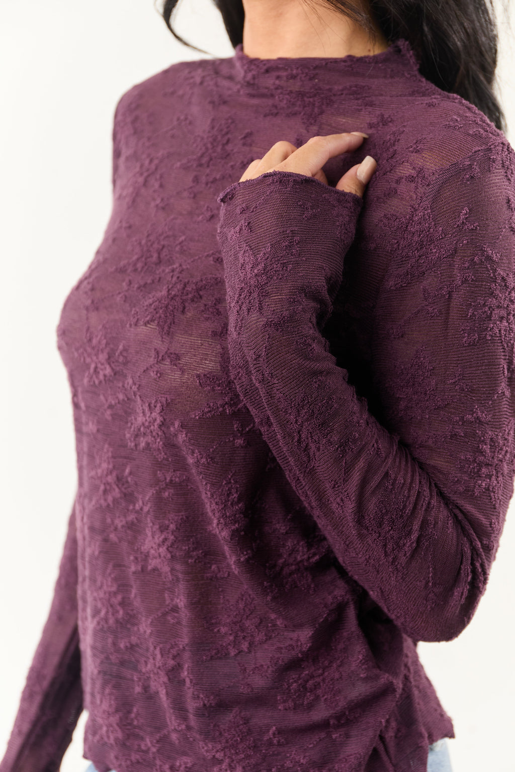 Deep Plum Floral Lace Mock Neck Long Sleeve Top