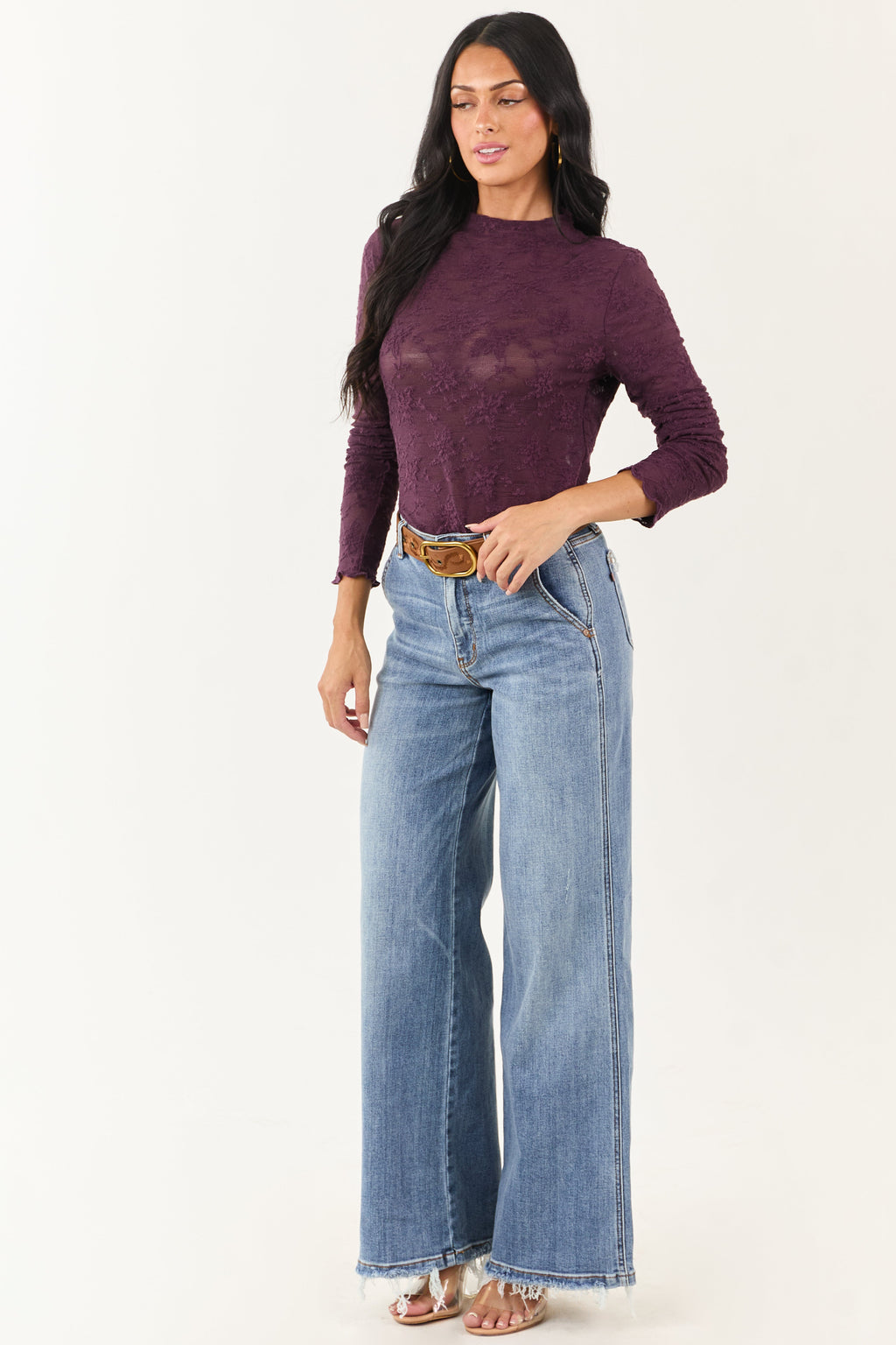 Deep Plum Floral Lace Mock Neck Long Sleeve Top