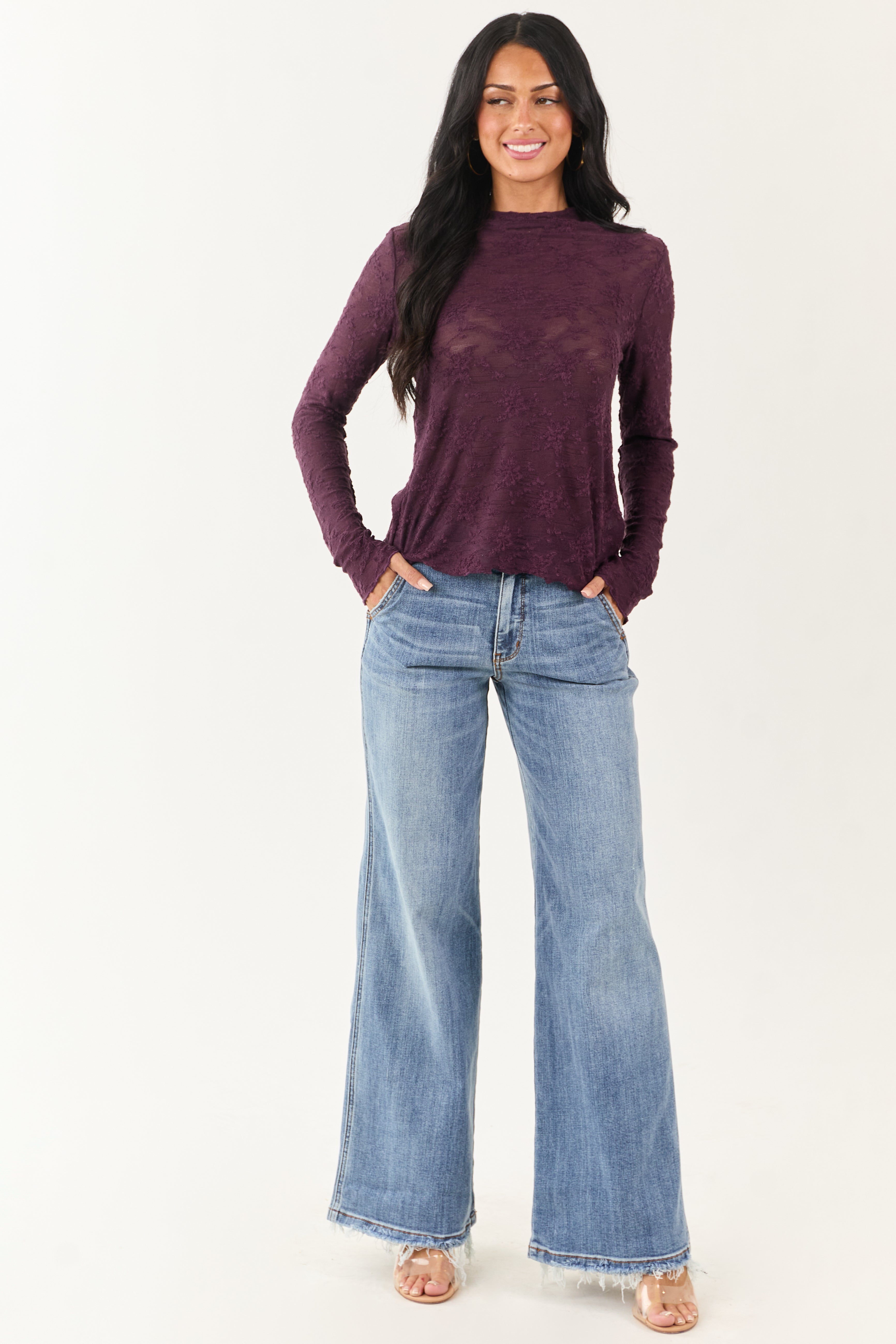 Deep Plum Floral Lace Mock Neck Long Sleeve Top