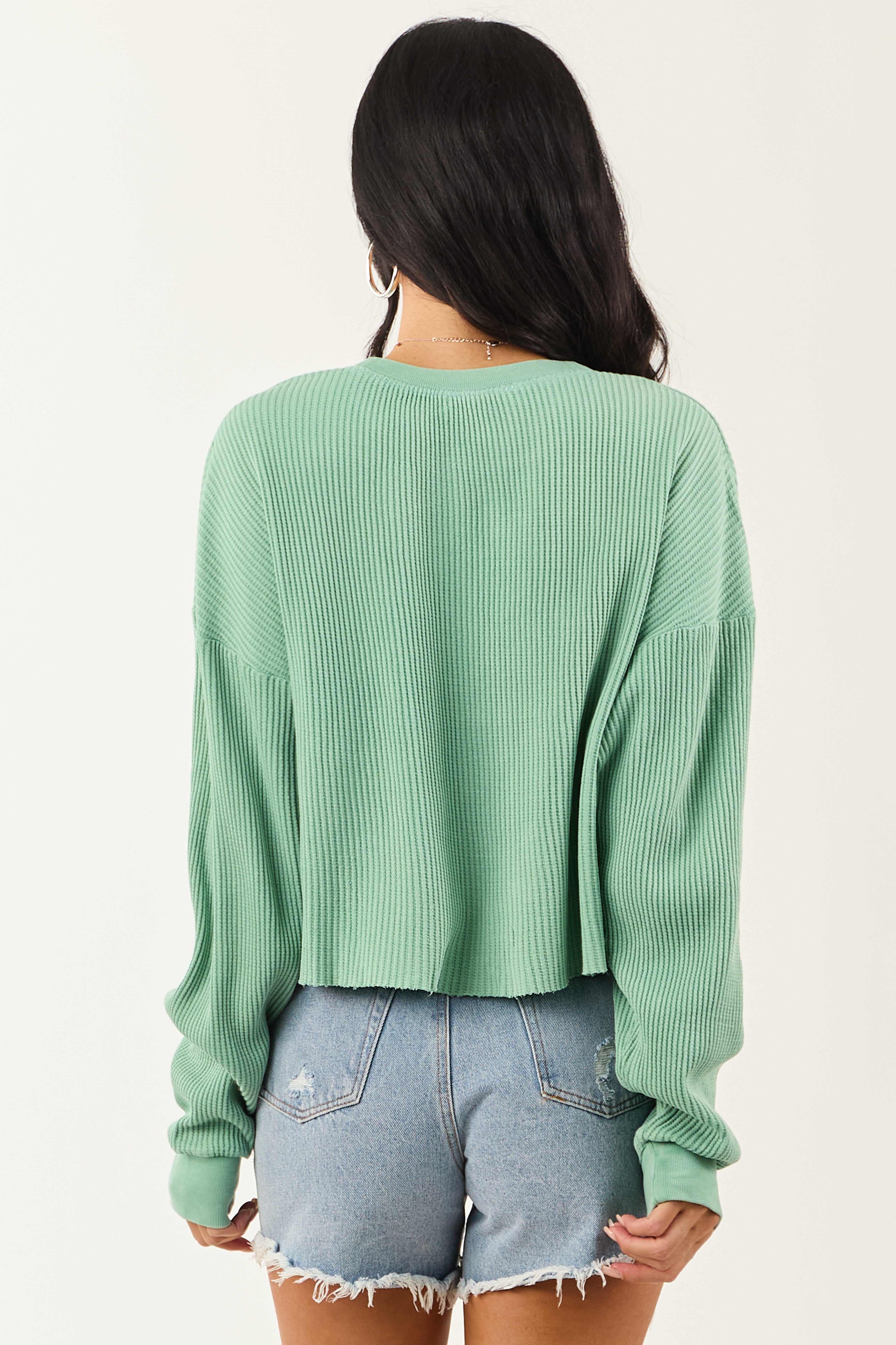 Deep Seafoam Waffle Knit Long Sleeve Cotton Top