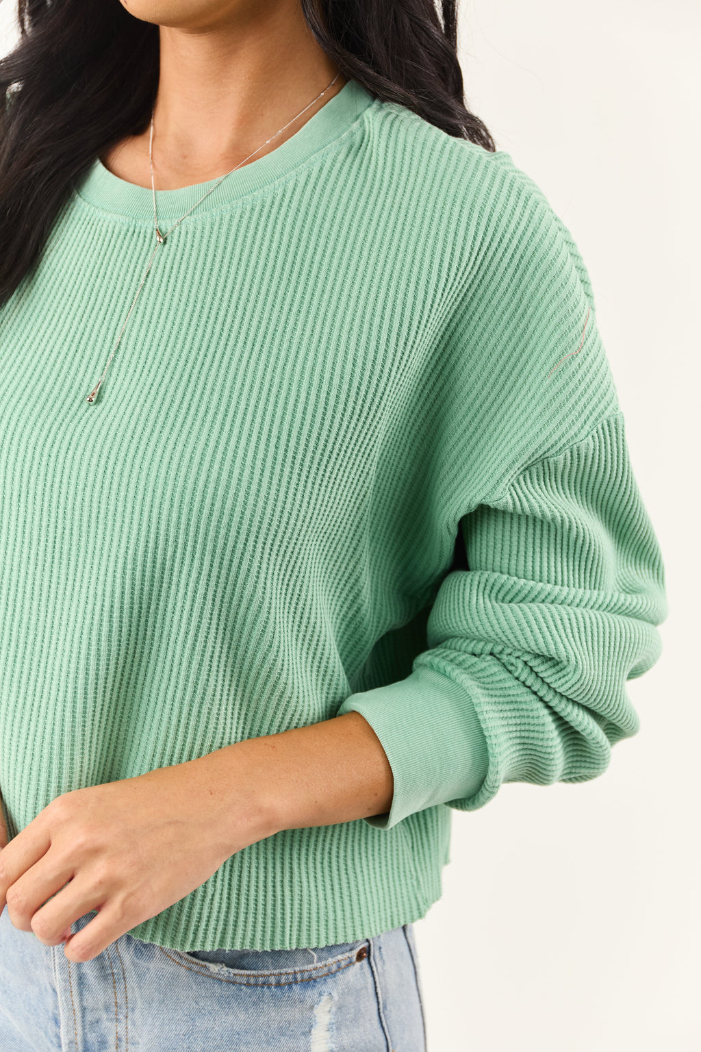 Deep Seafoam Waffle Knit Long Sleeve Cotton Top