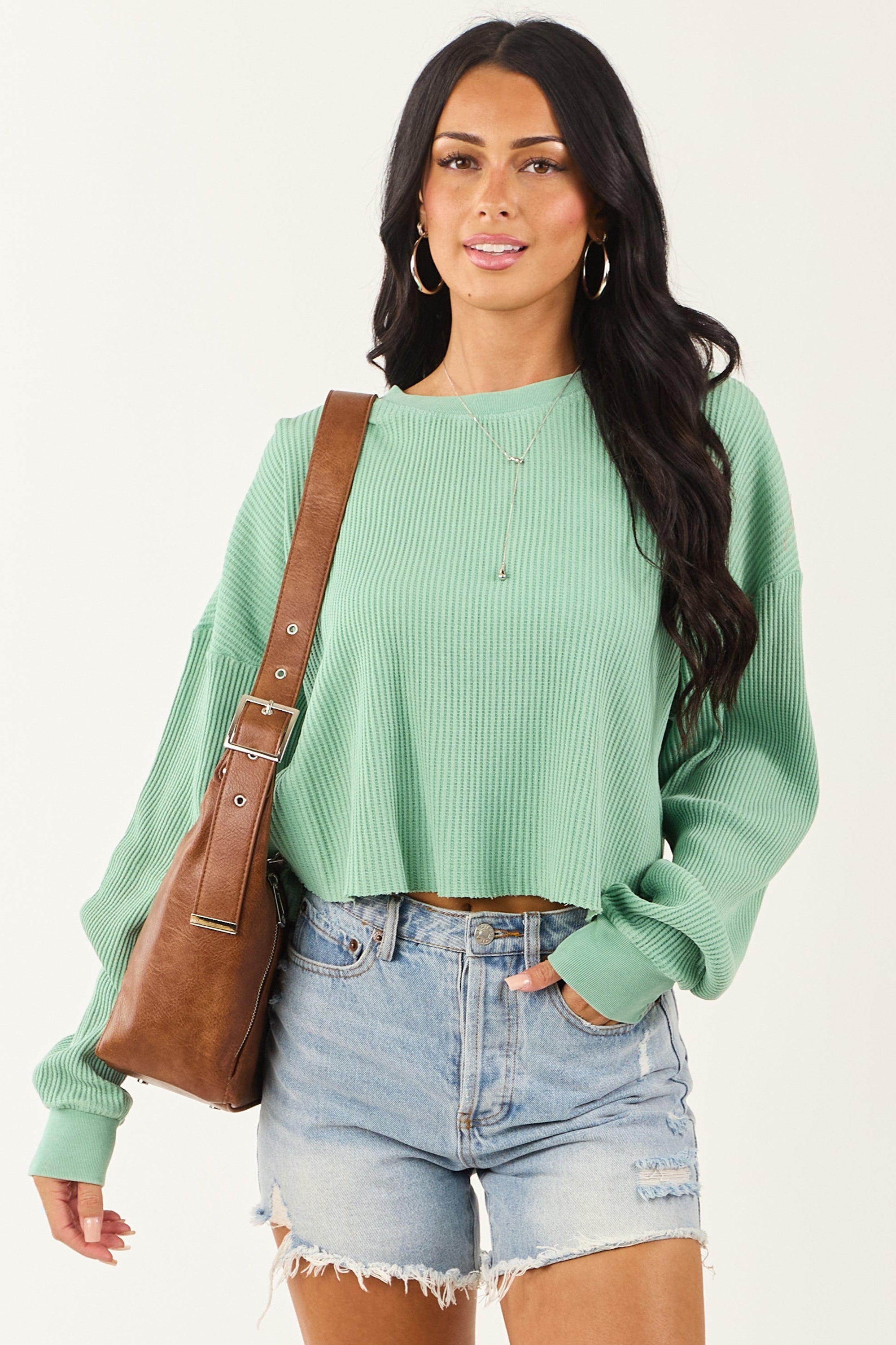 Deep Seafoam Waffle Knit Long Sleeve Cotton Top
