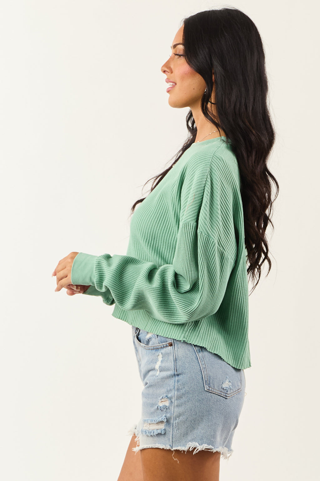 Deep Seafoam Waffle Knit Long Sleeve Cotton Top