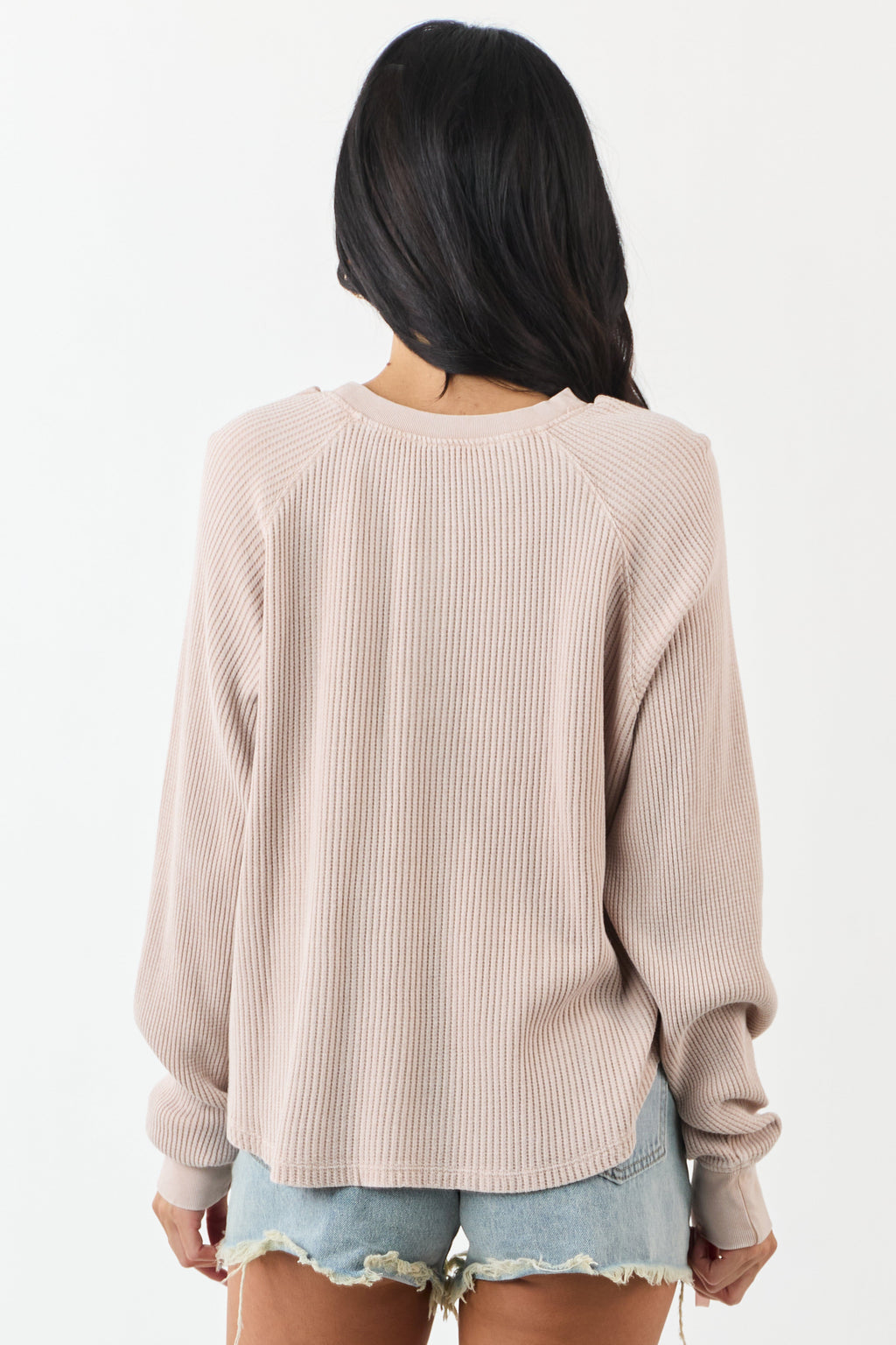 Dusty Blush Ribbed Knit Long Sleeve Boxy Henley Top