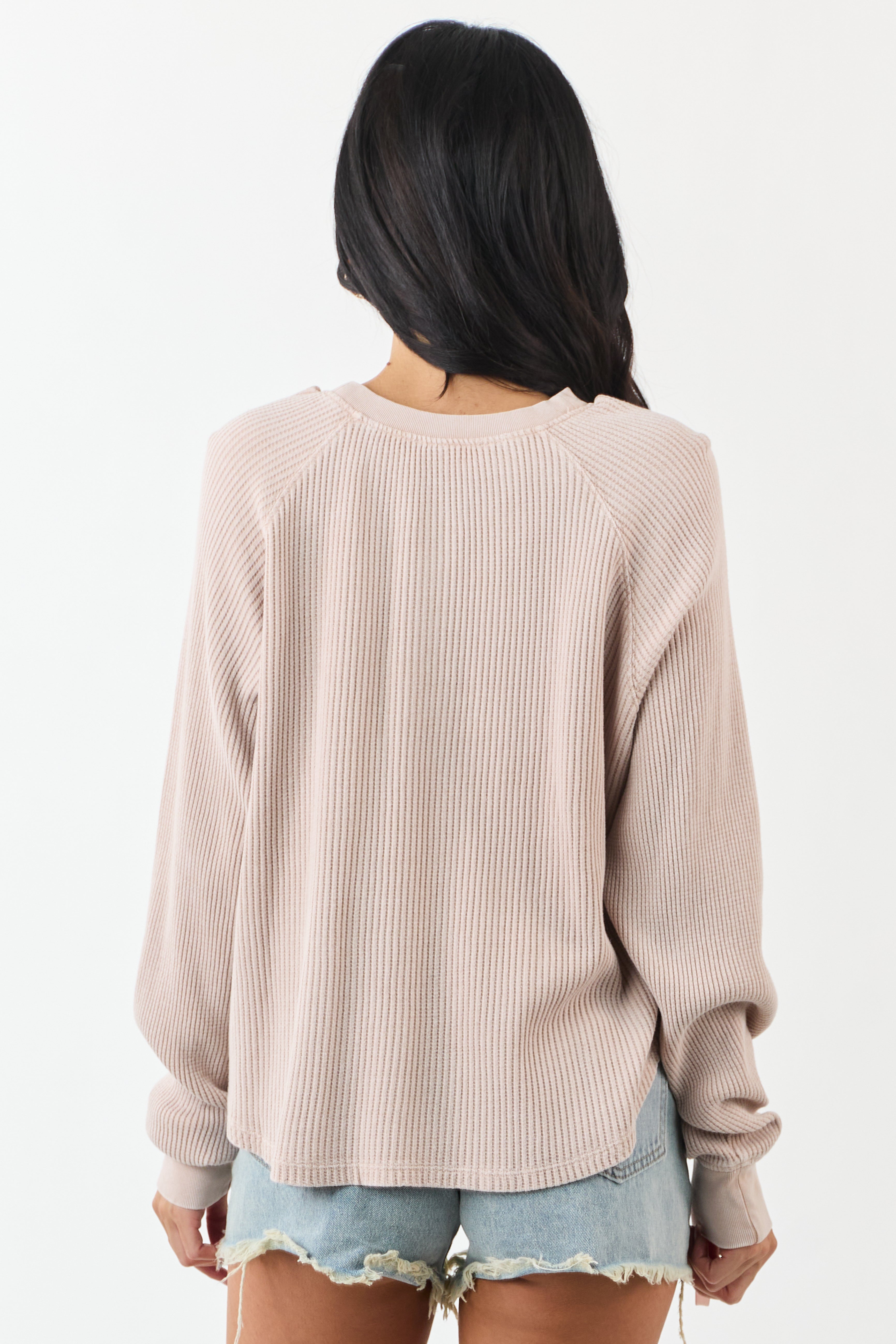 Dusty Blush Ribbed Knit Long Sleeve Boxy Henley Top