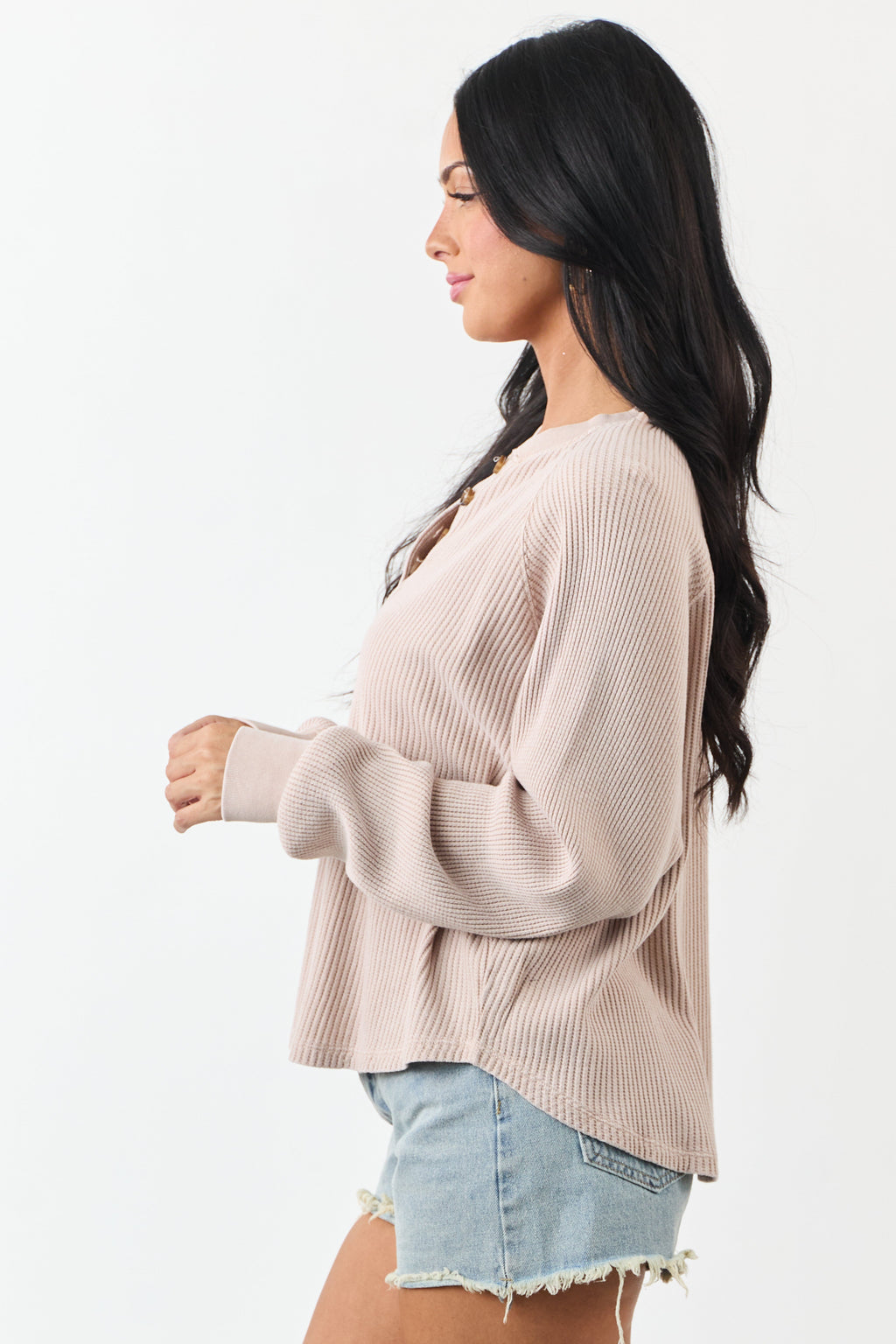 Dusty Blush Ribbed Knit Long Sleeve Boxy Henley Top