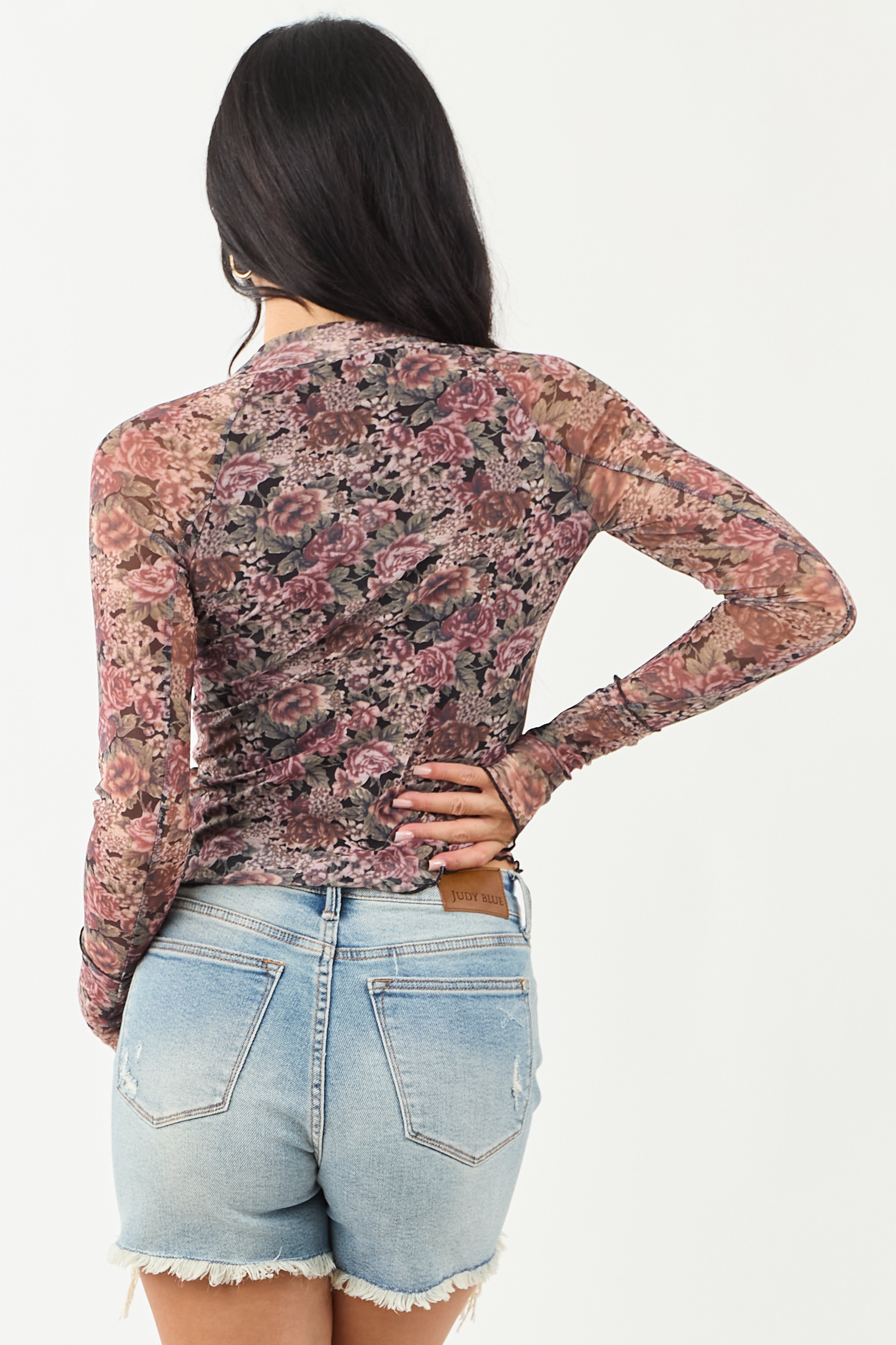 Dusty Rose Floral Mesh Long Sleeve Mock Neck Top