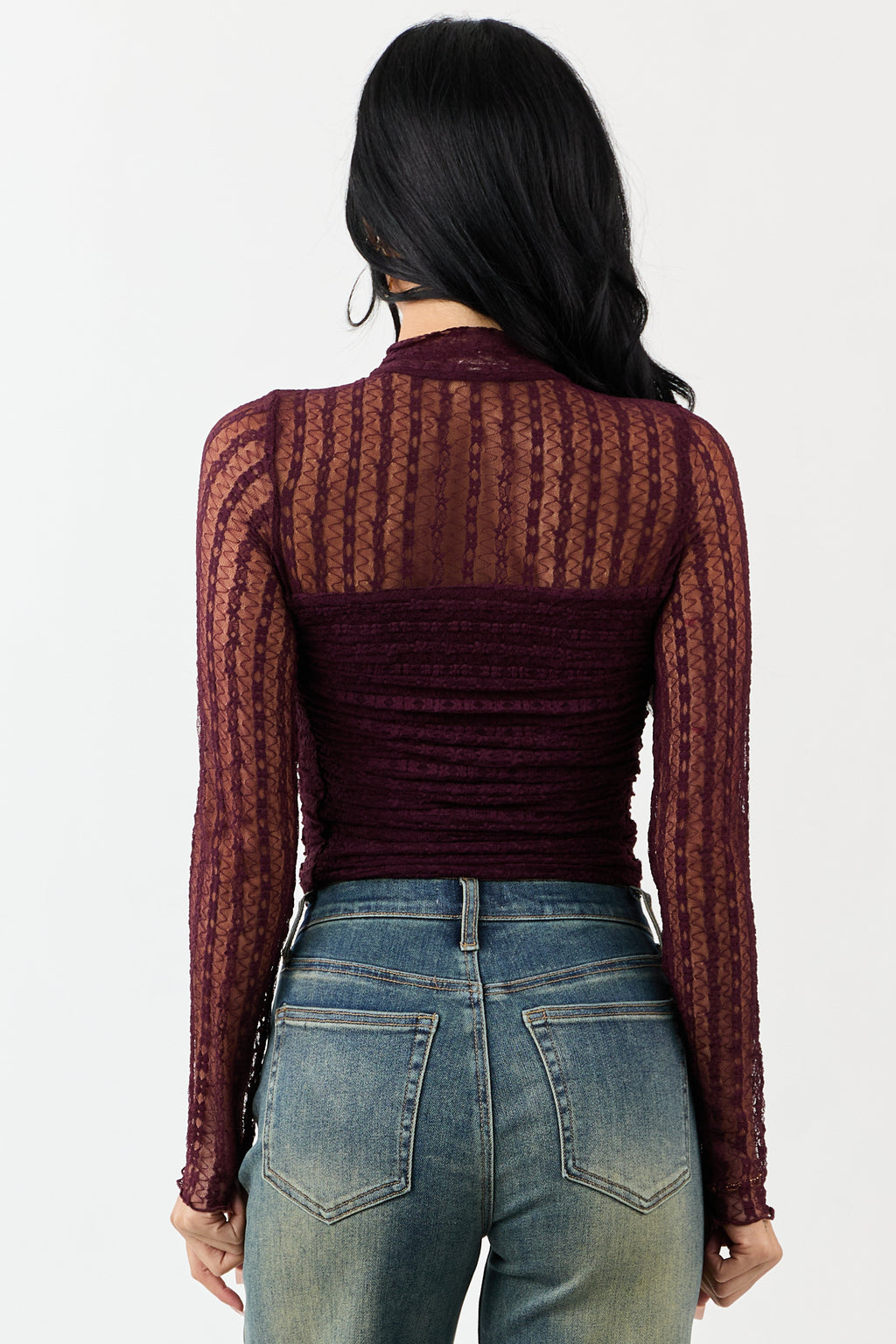Eggplant Mesh Lace Ruched Long Sleeve Bodysuit