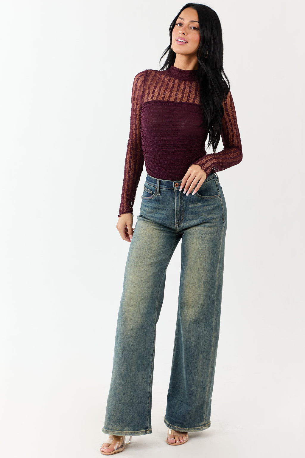 Eggplant Mesh Lace Ruched Long Sleeve Bodysuit