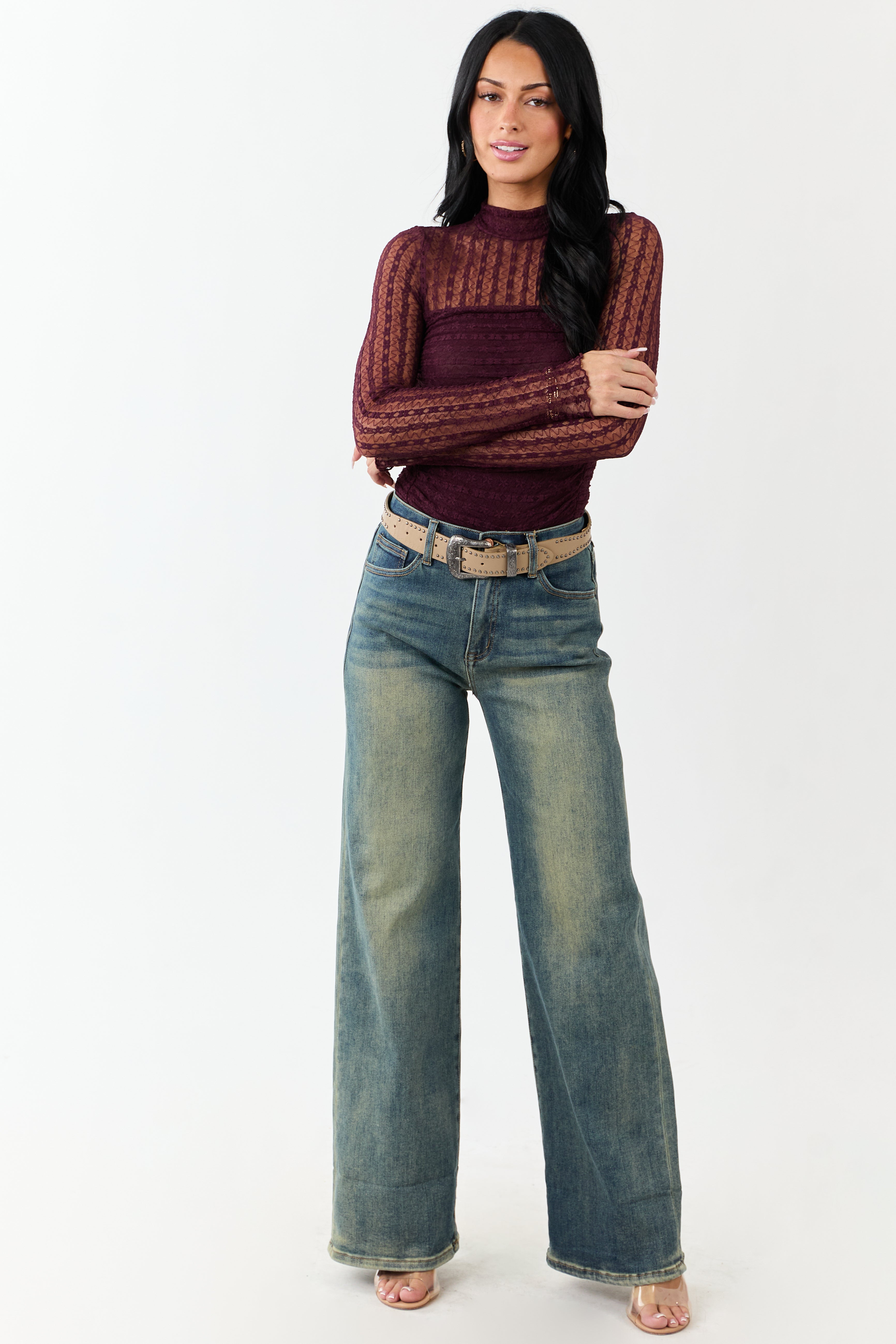 Eggplant Mesh Lace Ruched Long Sleeve Bodysuit