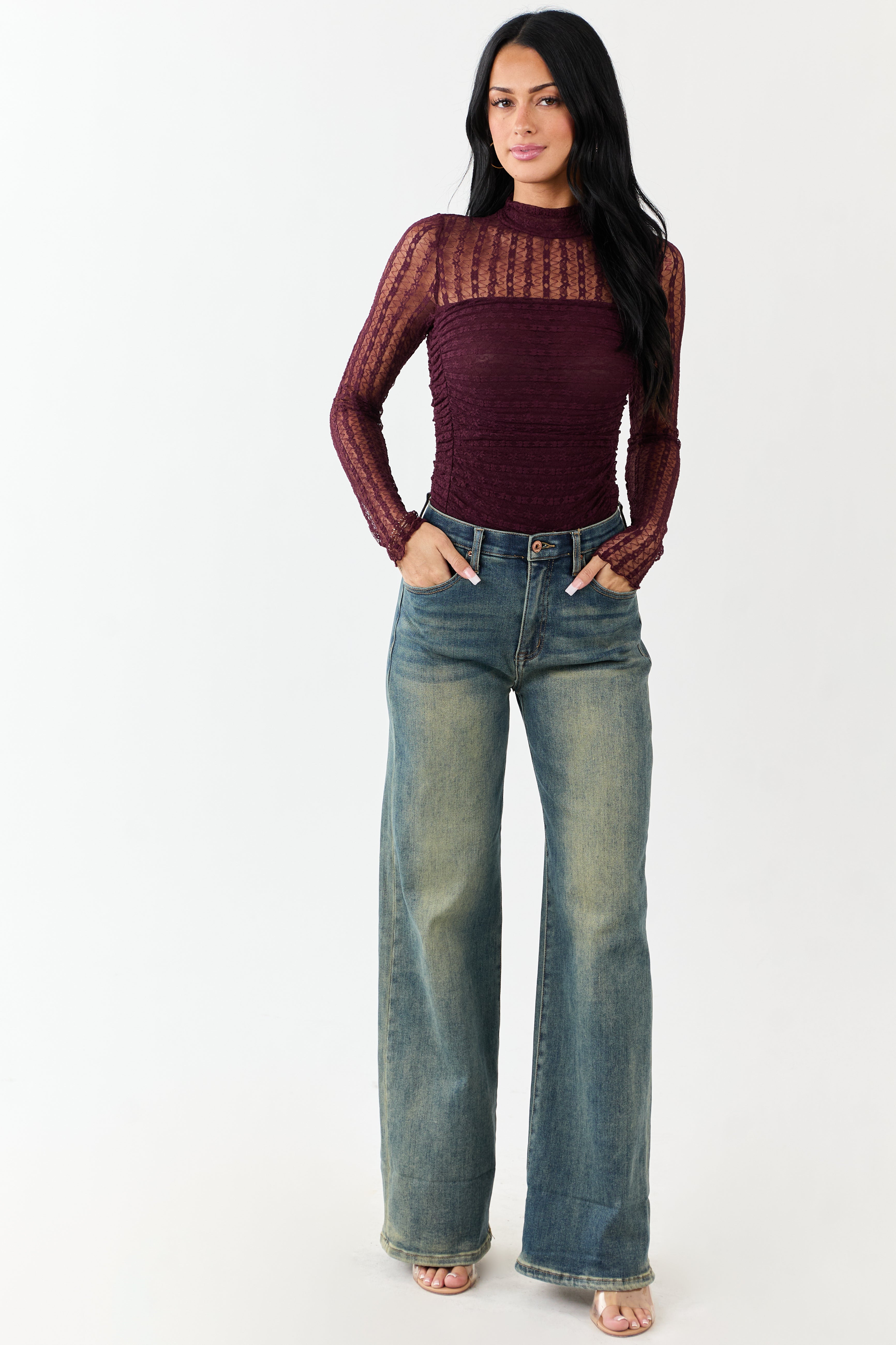 Eggplant Mesh Lace Ruched Long Sleeve Bodysuit