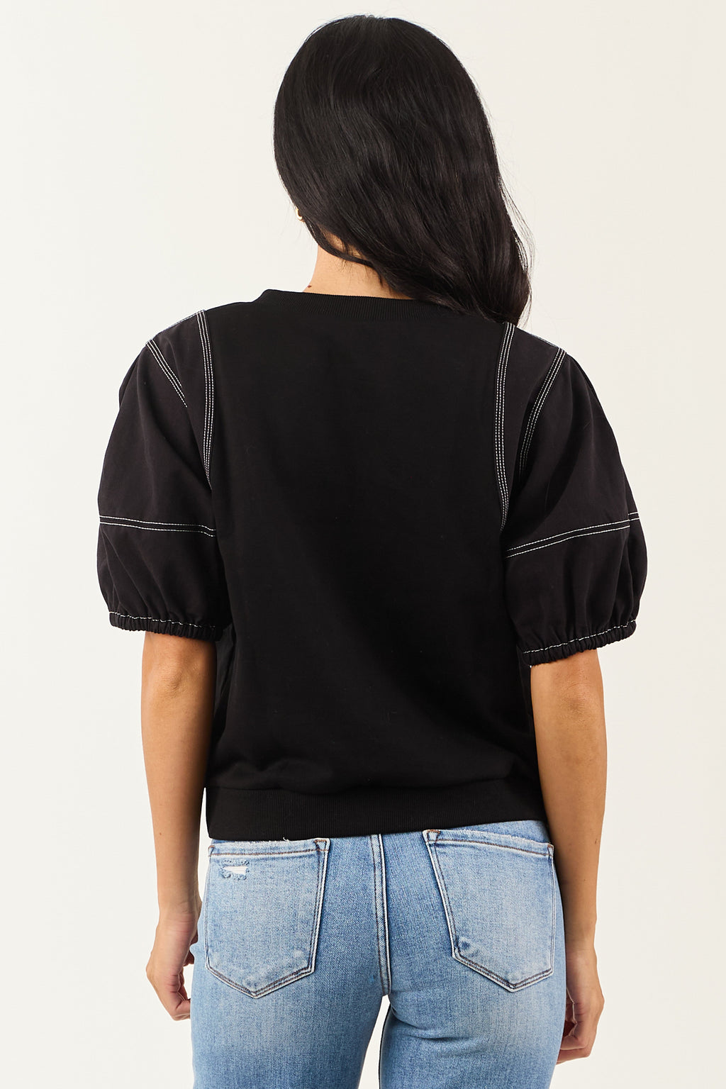 Entro Black Half Puff Sleeve Contrast Seam Cotton Top