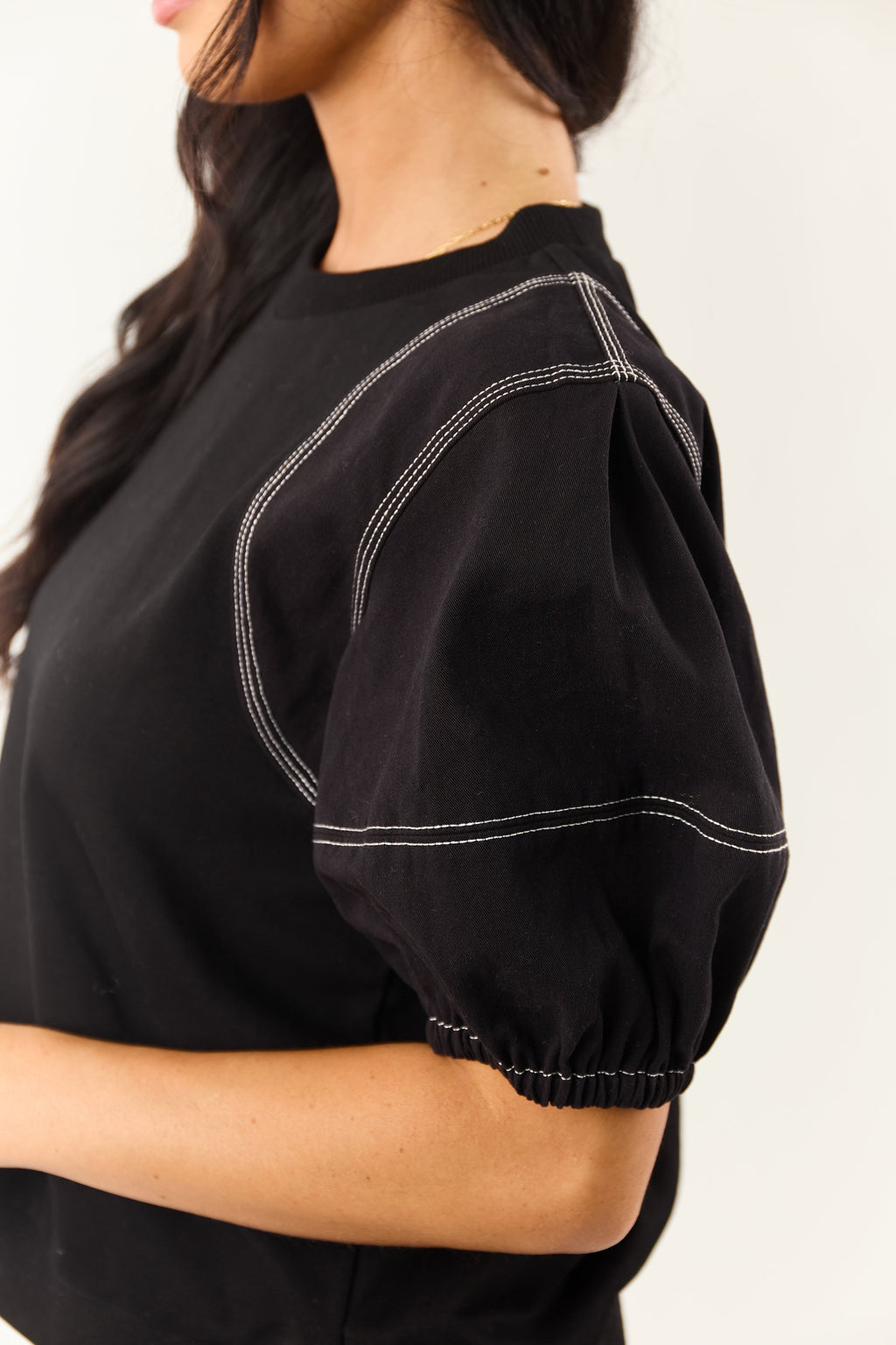 Entro Black Half Puff Sleeve Contrast Seam Cotton Top